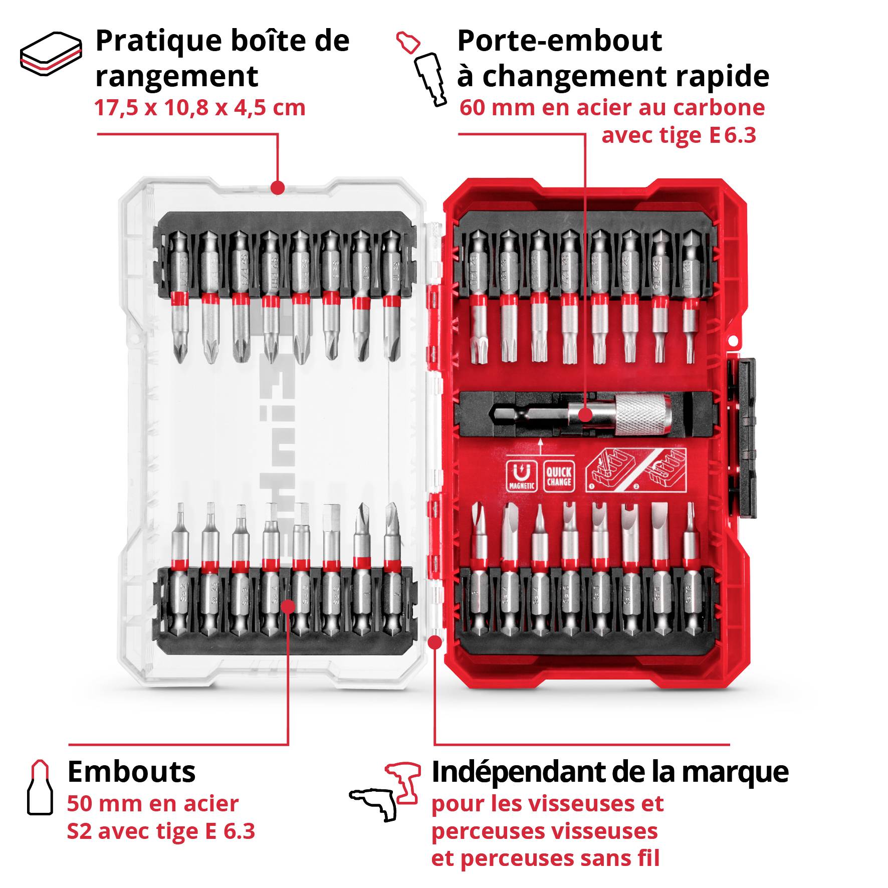 'Boîte de rangement pratique avec embouts et support rapide d'embouts, compatible avec les visseuses sans fil et perceuses courantes.'