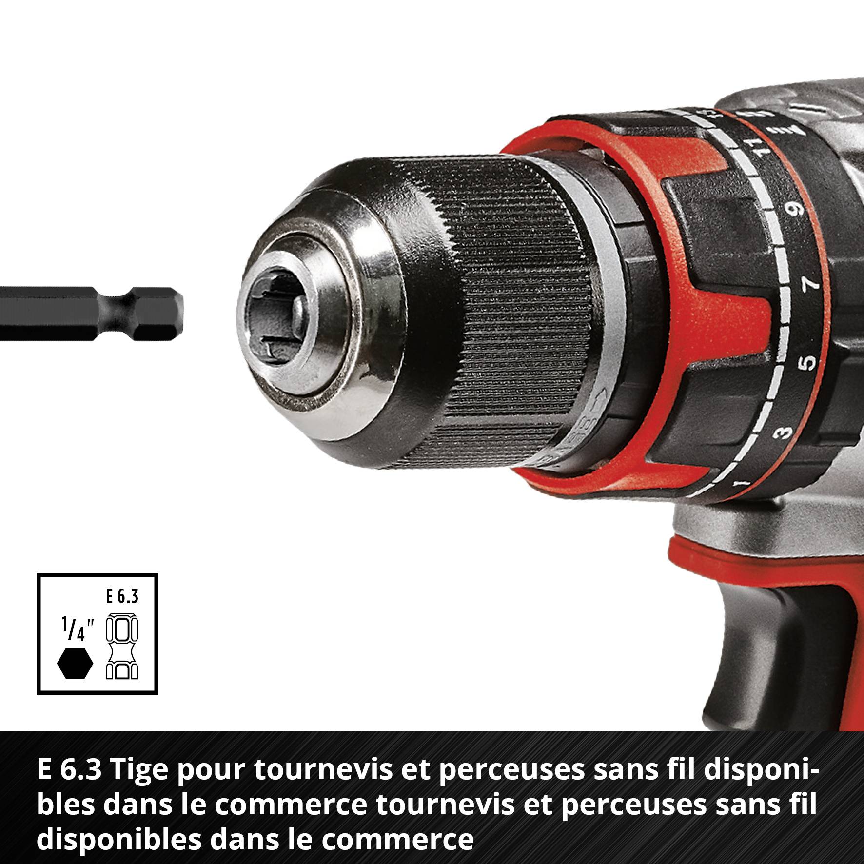 E6.3 Adaptateur de mandrin pour perceuses, illustré avec un insert noir. Texte sous l'image : « E 6.3 Tige pour visseuses et perceuses standard »