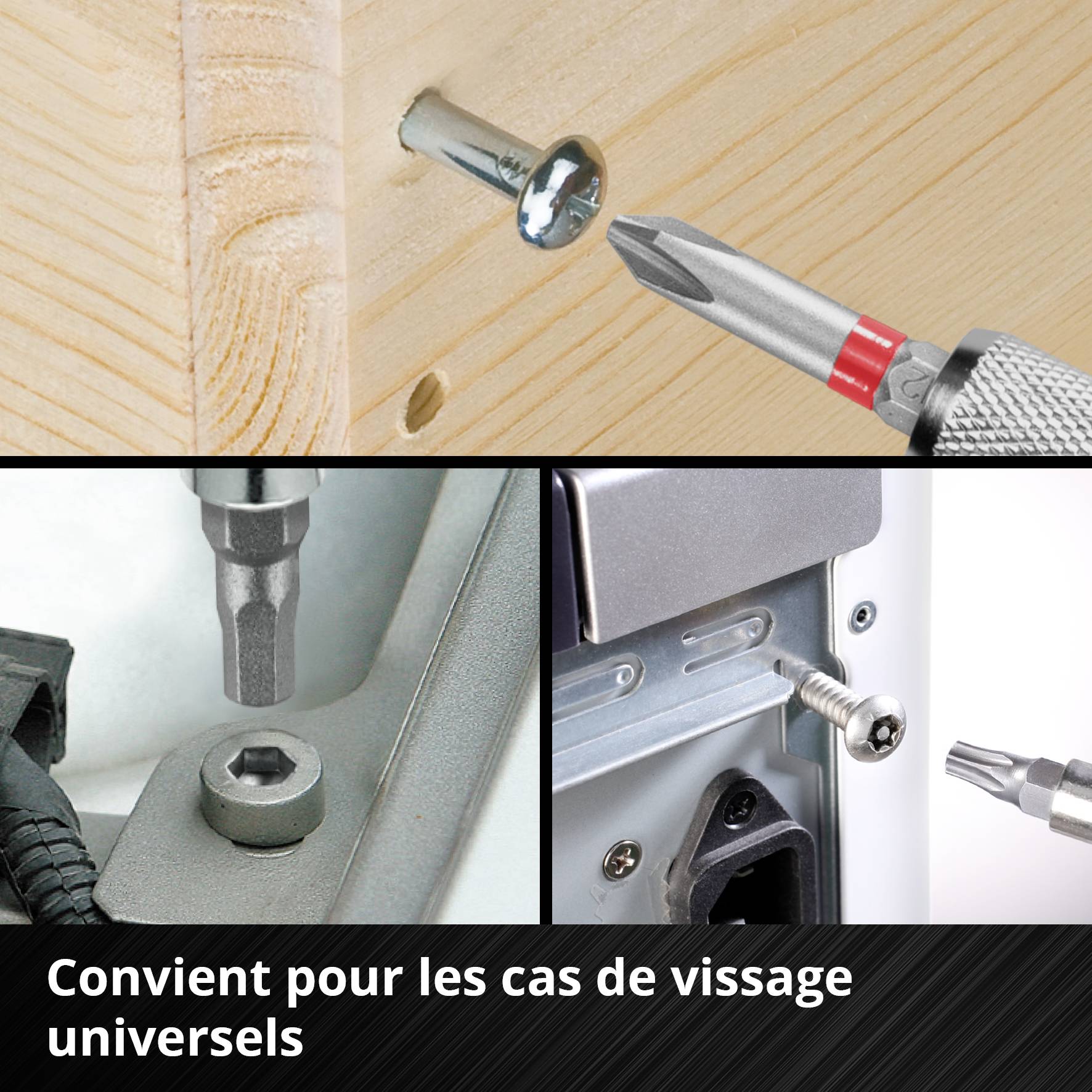 Quatre images montrent différents scénarios de vissage avec un tournevis rouge. Texte : 'Adapté à tous types de vis'.