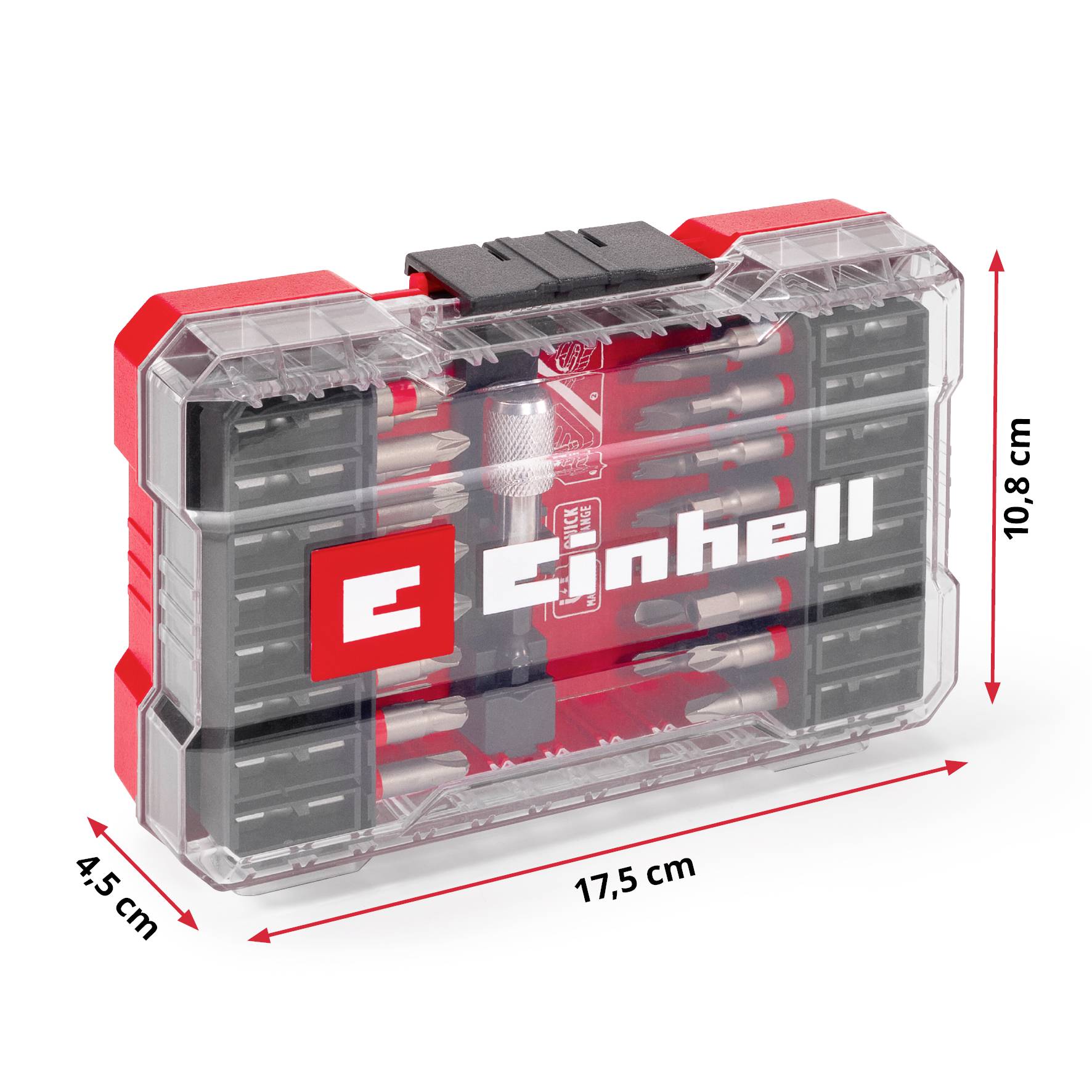 Un set de mèches Einhell transparent au design rouge et noir, contenant de nombreuses mèches et une poignée de tournevis, dimensions 17,5 cm x 10,8 cm x 4,5 cm.