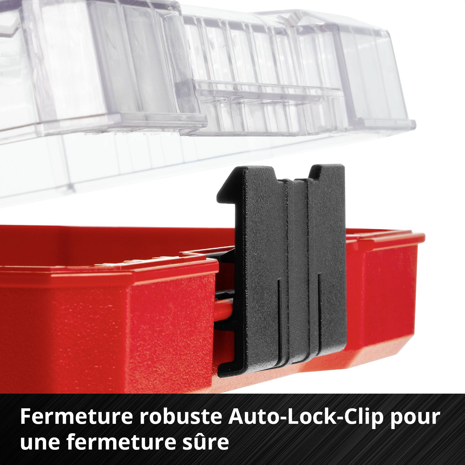 Fermoir de verrouillage automatique robuste d'un boîtier rouge est montré. Texte : 'Fermoir de verrouillage automatique robuste pour une fermeture sécurisée'.