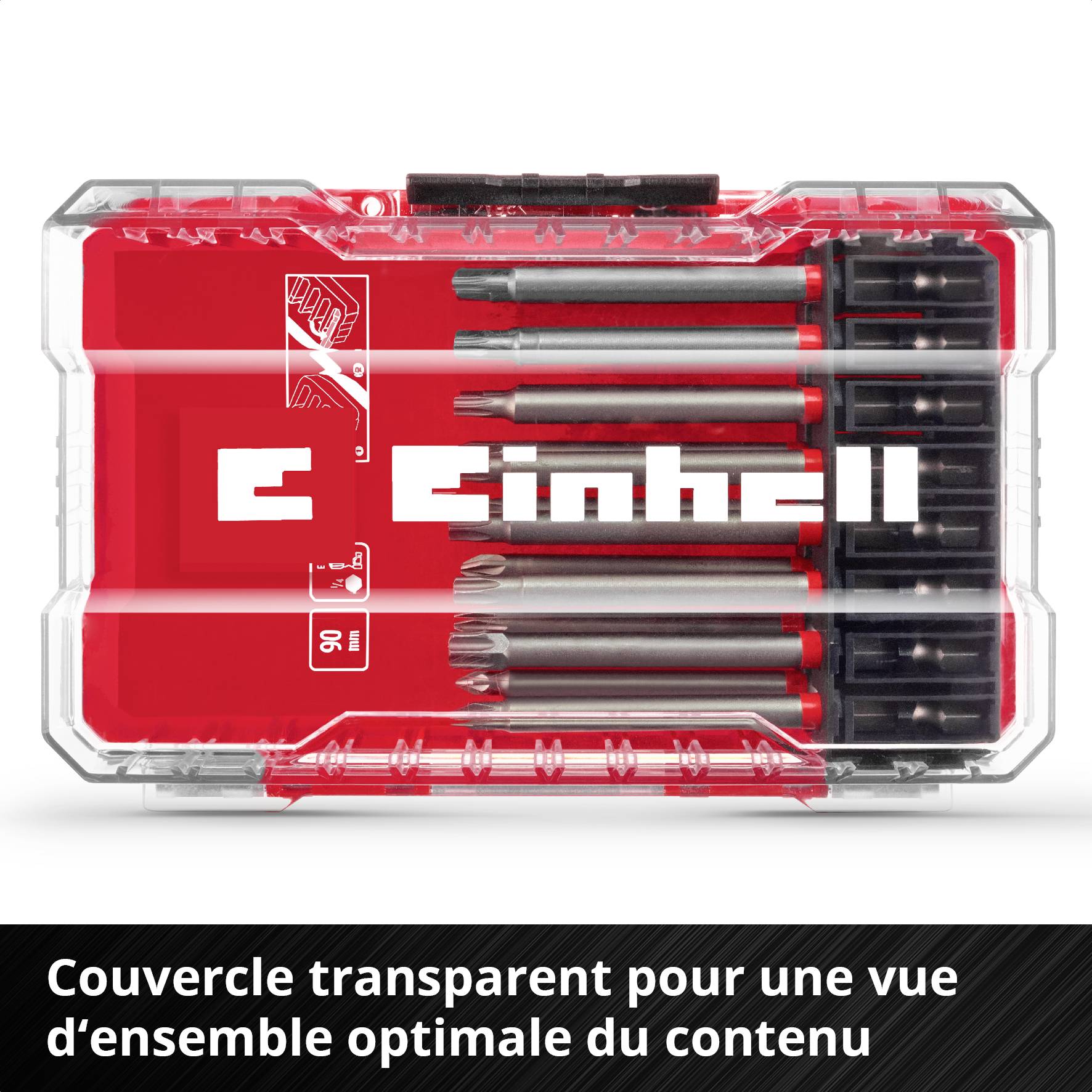 Contient six forets et embouts de tournevis dans un coffret en plastique transparent. Texte sur le boîtier : 'Einhell'.