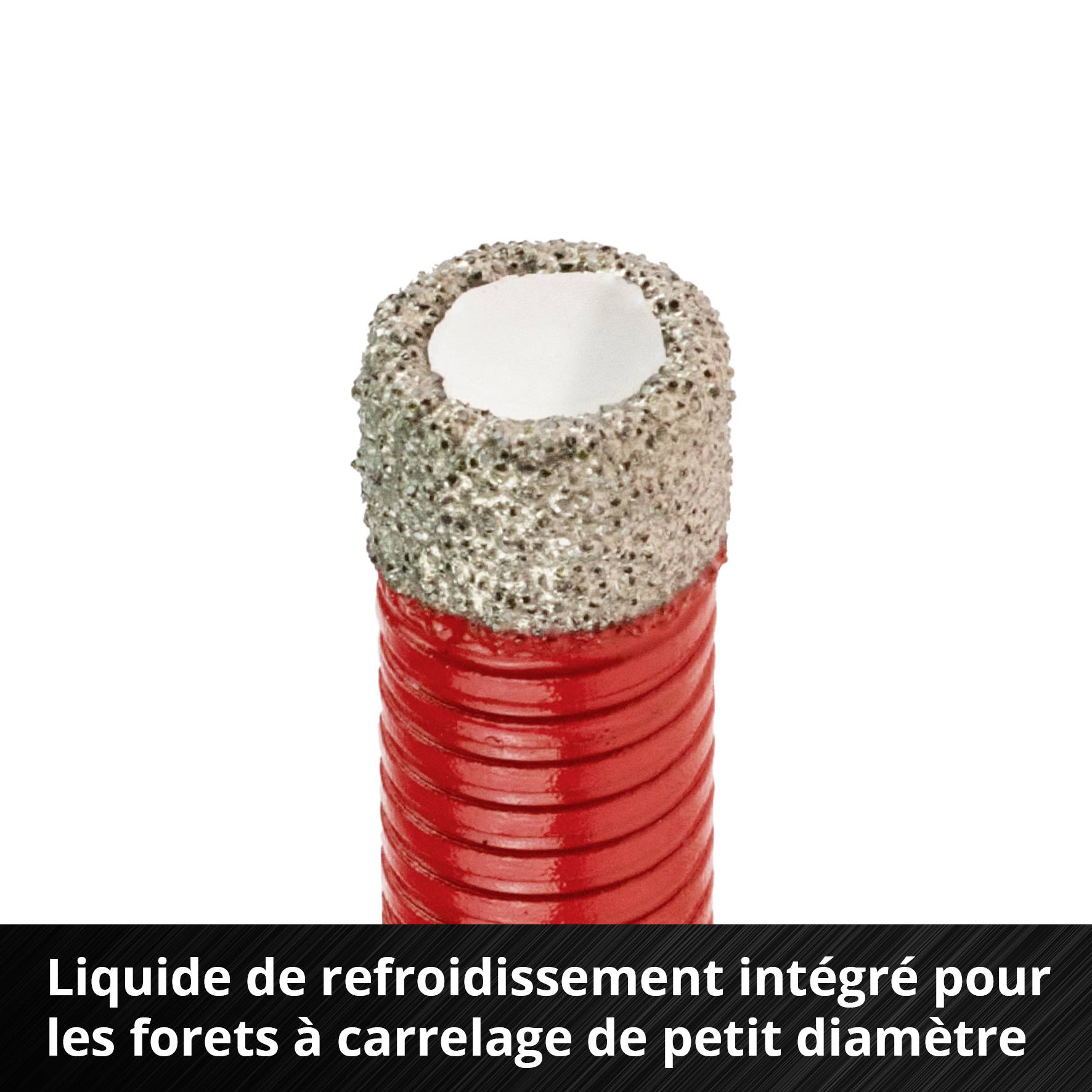 Adaptateur de forage avec système de refroidissement intégré, adapté au perçage de carreaux de petit diamètre. Tige rouge, pointe grise.