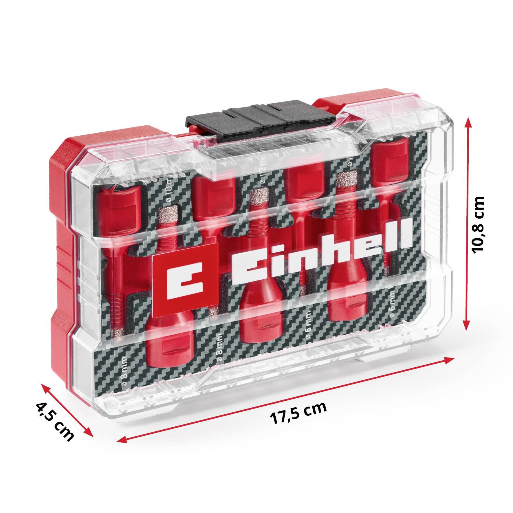 Boîte avec logo Einhell rouge, contenant des accessoires rouges. Dimensions : 17,5 cm x 10,8 cm x 4,5 cm. Boîtier transparent.
