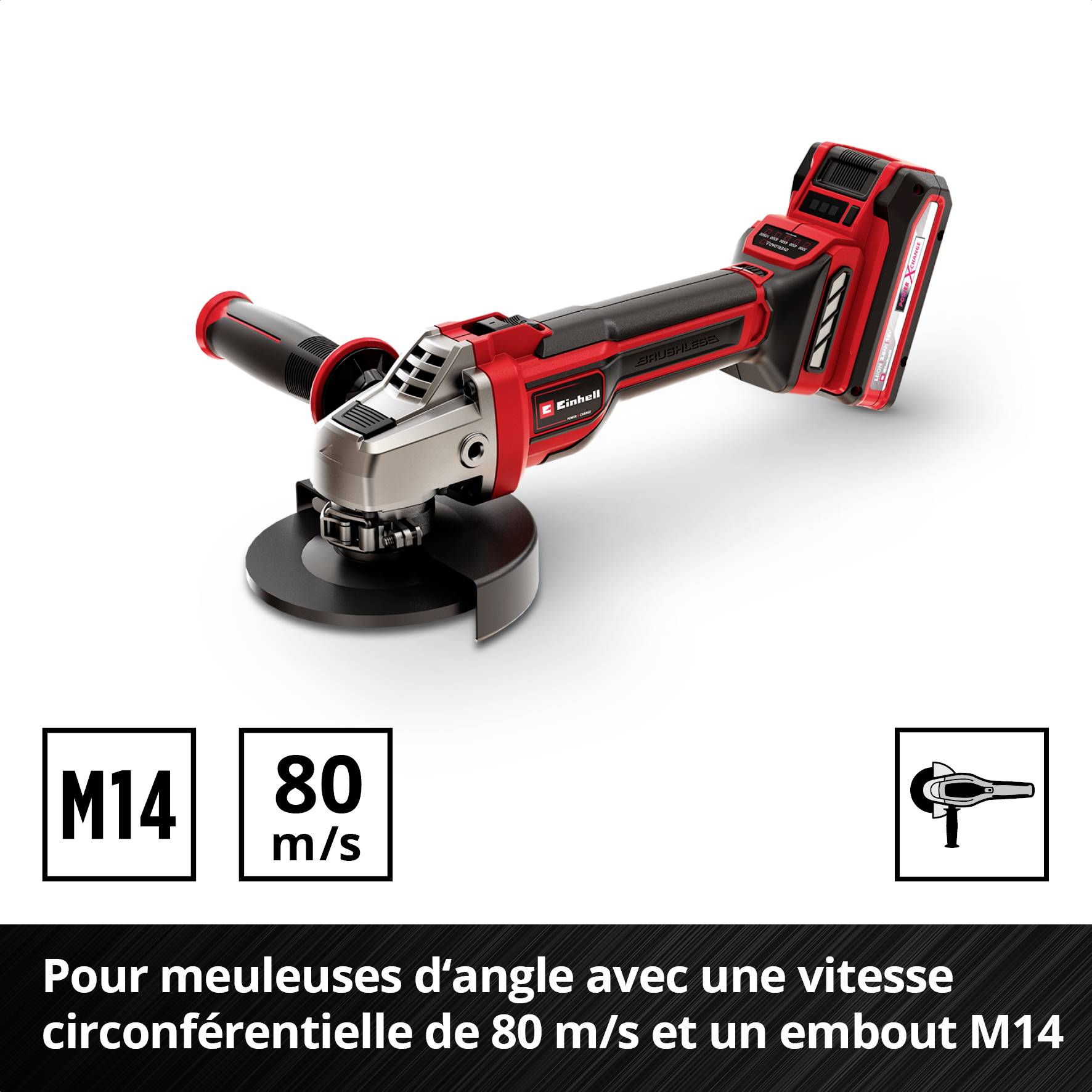 Meuleuse d'angle sans fil avec boîtier rouge. Texte : 'Pour meuleuses d'angle M14 avec une vitesse périphérique de 80 m/s'.