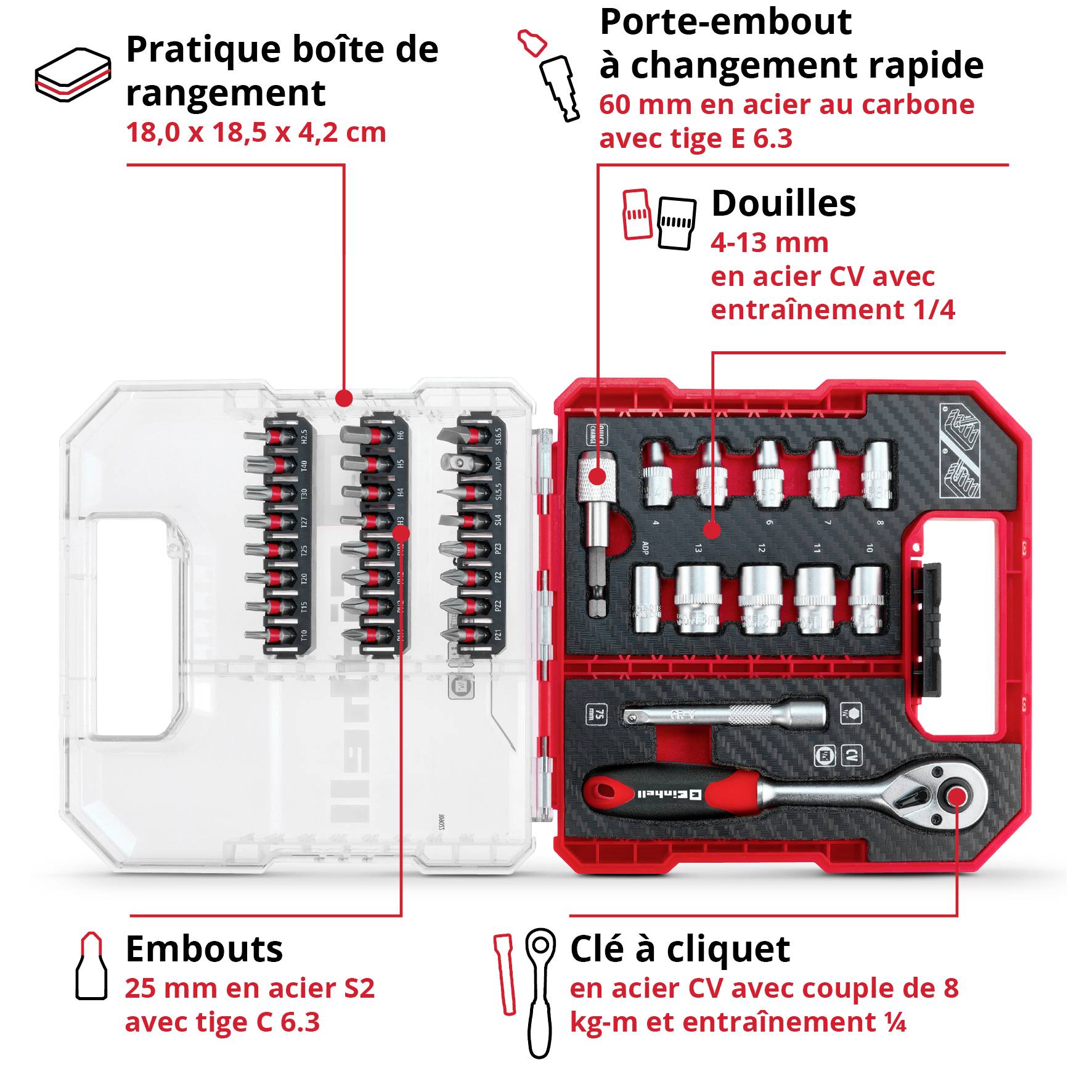 Boîte de rangement pratique contenant divers douilles, embouts et une clé à cliquet. Idéale pour des travaux de précision.