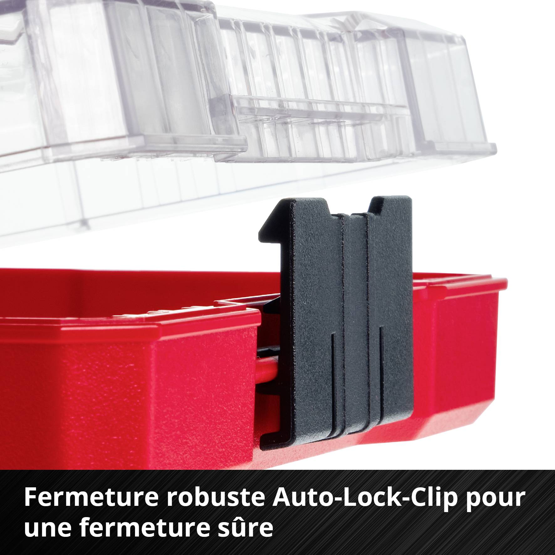 Fermeture à clip de verrouillage automatique d'une boîte rouge. Le clip est noir et assure une fermeture sécurisée du contenant.