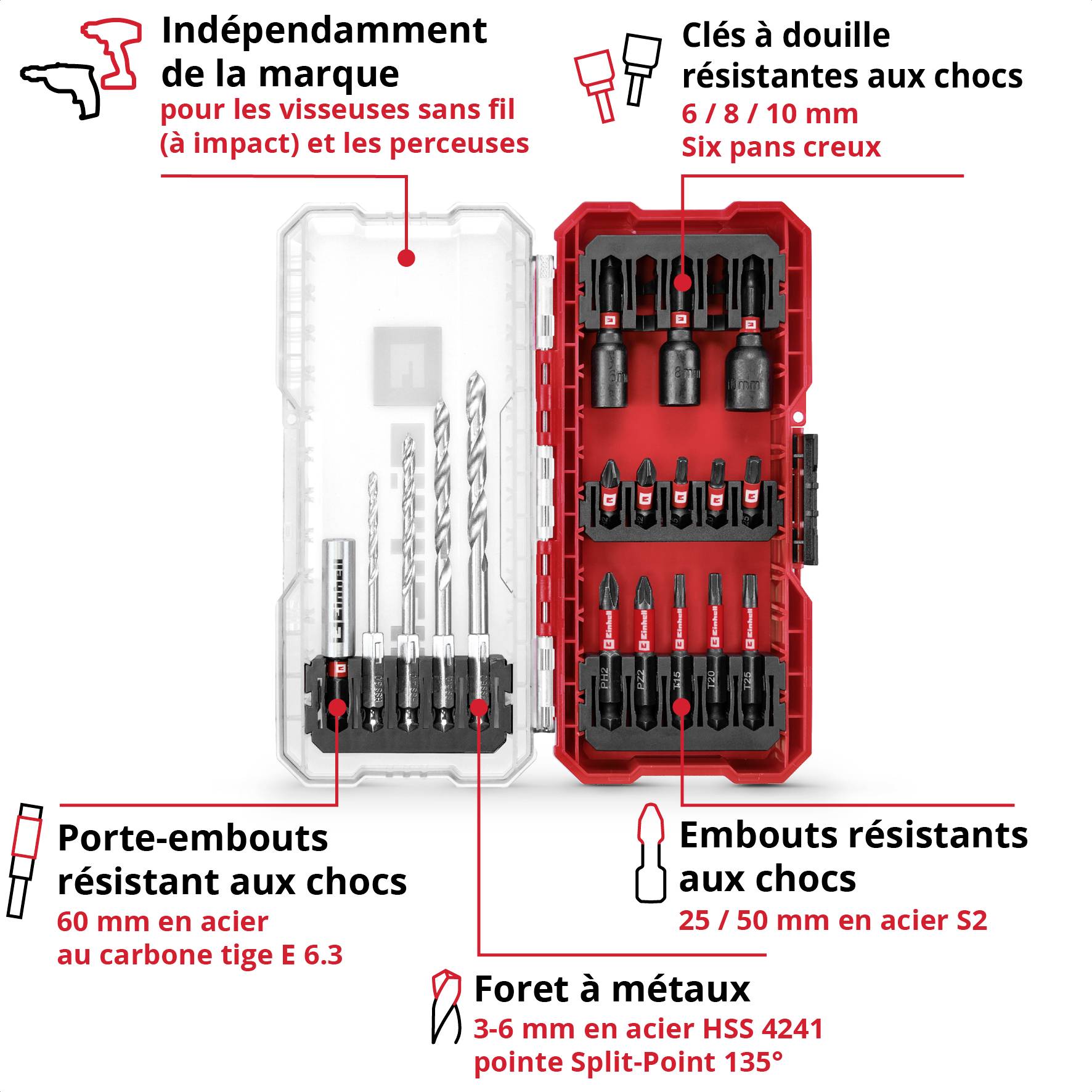 Ensemble d'outils comprenant un porte-embouts de visseuse sans fil, des clés à douille, un embout de percussion de 60 mm, des forets en acier rapide de haute qualité et des embouts en acier S2.