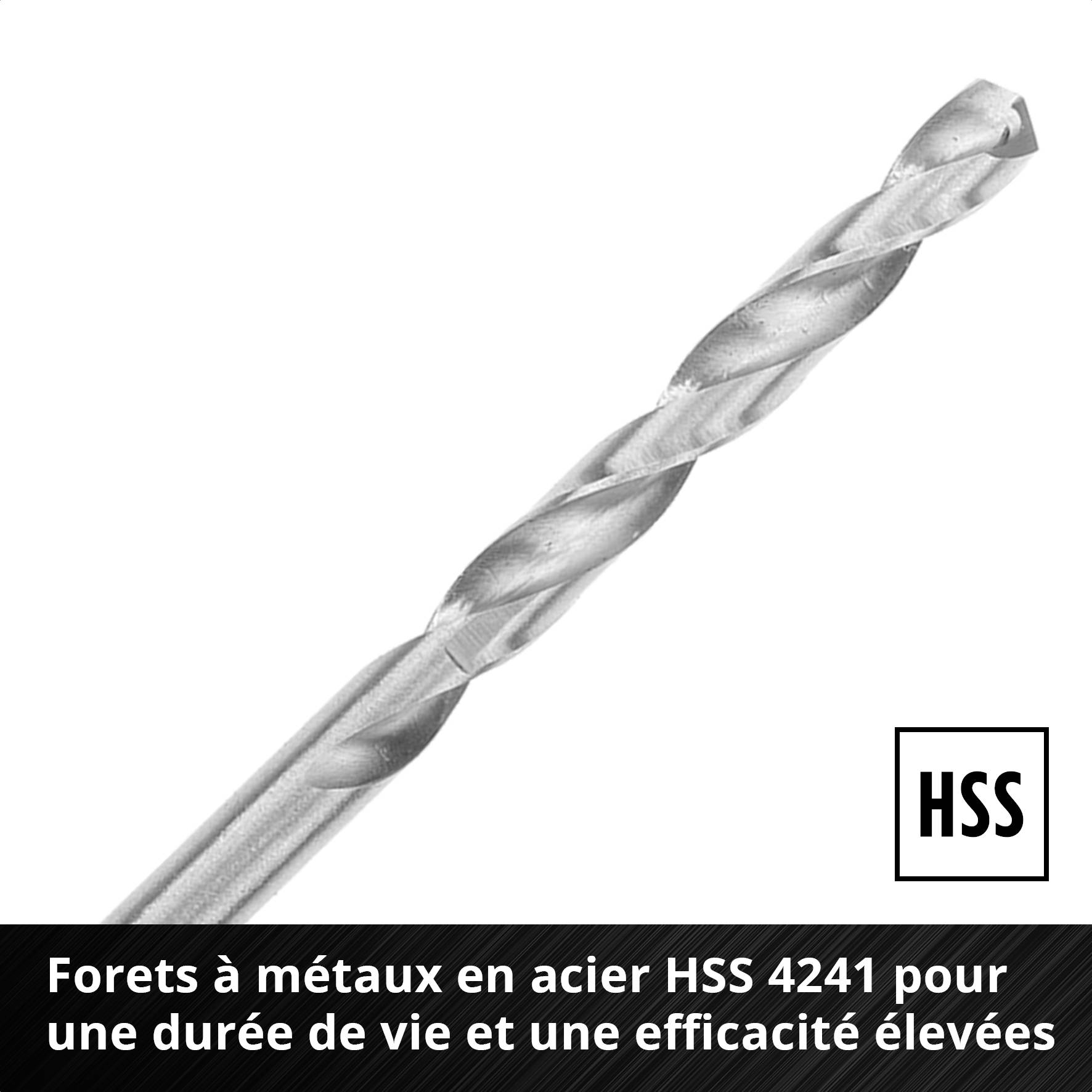 Foret en métal en acier HSS 4241, présenté sur un fond blanc. Le texte souligne la durée de vie élevée et l'efficacité du foret.