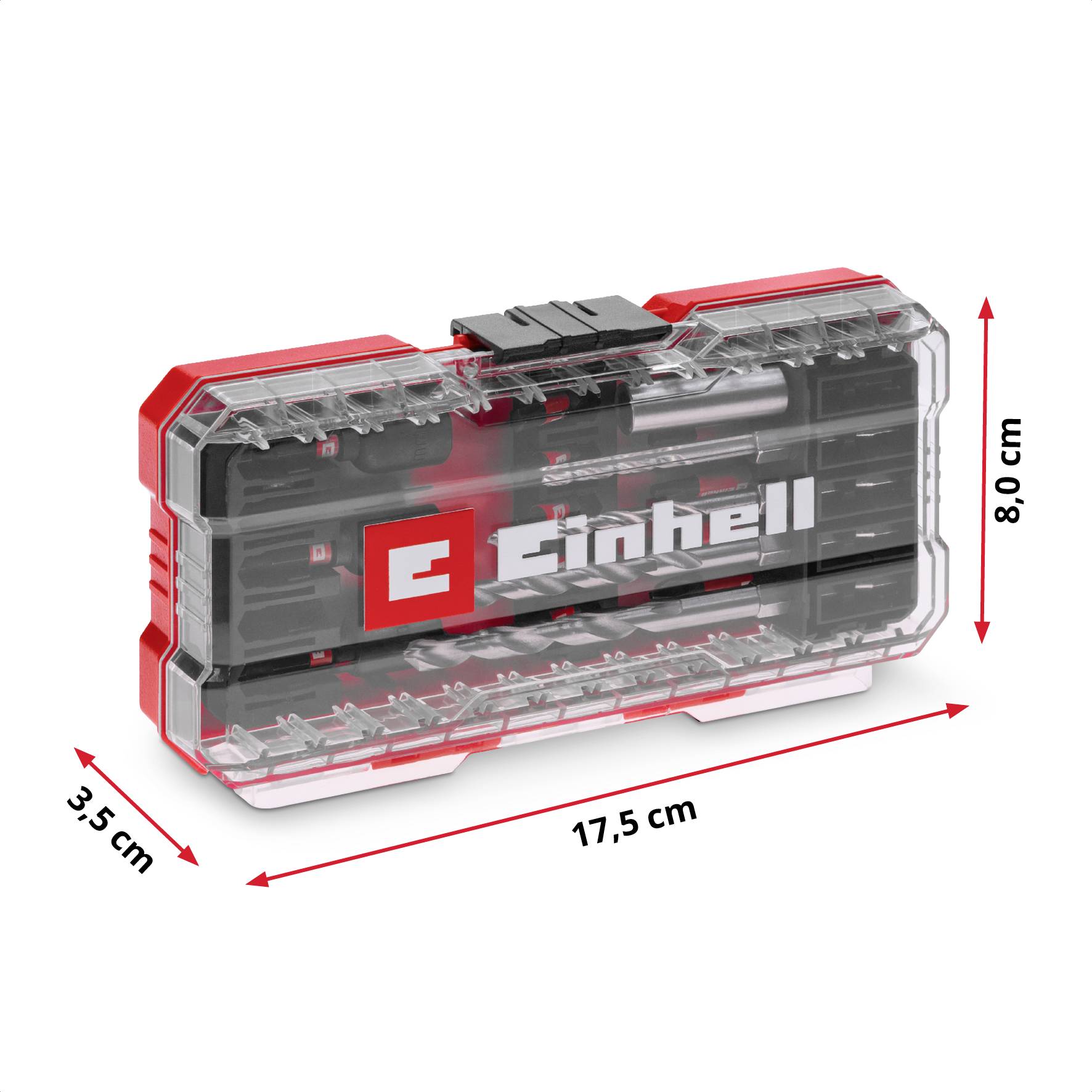 Un étui transparent en plastique de Einhell avec des embouts de tournevis. Dimensions : 17,5 cm de large, 3,5 cm de profondeur et 8,0 cm de hauteur.