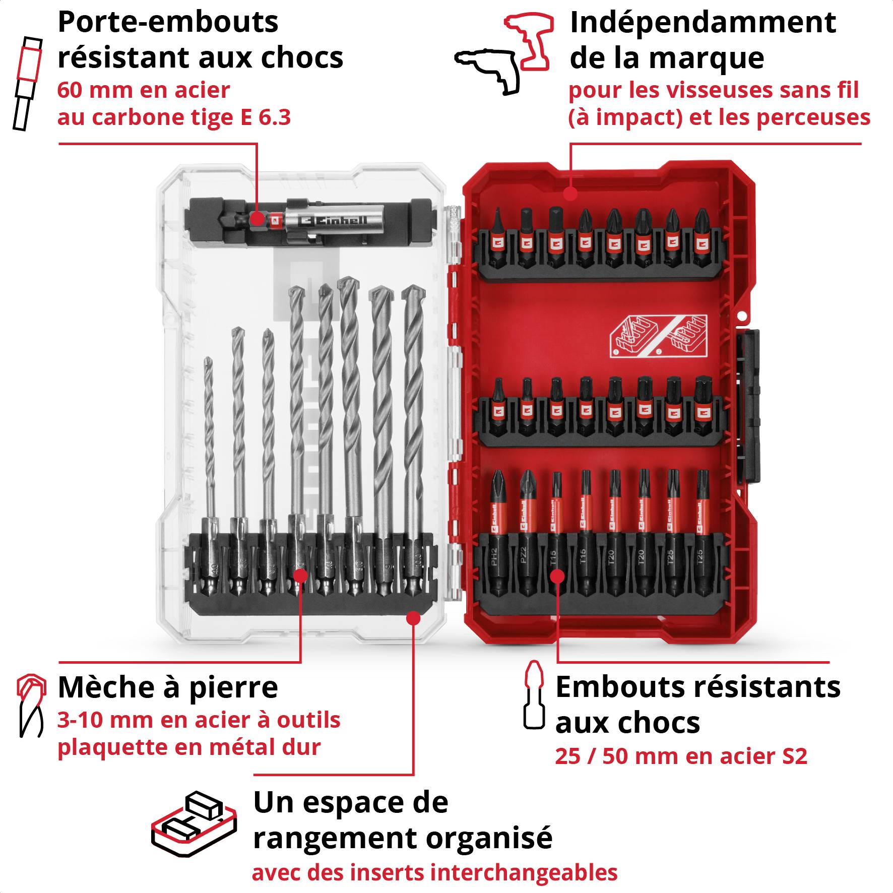 Kit d'outils avec forets et embouts : Porte-embouts résistant aux chocs, foret à béton, embouts résistants aux chocs ; compatible toutes marques. Espace de rangement organisé.