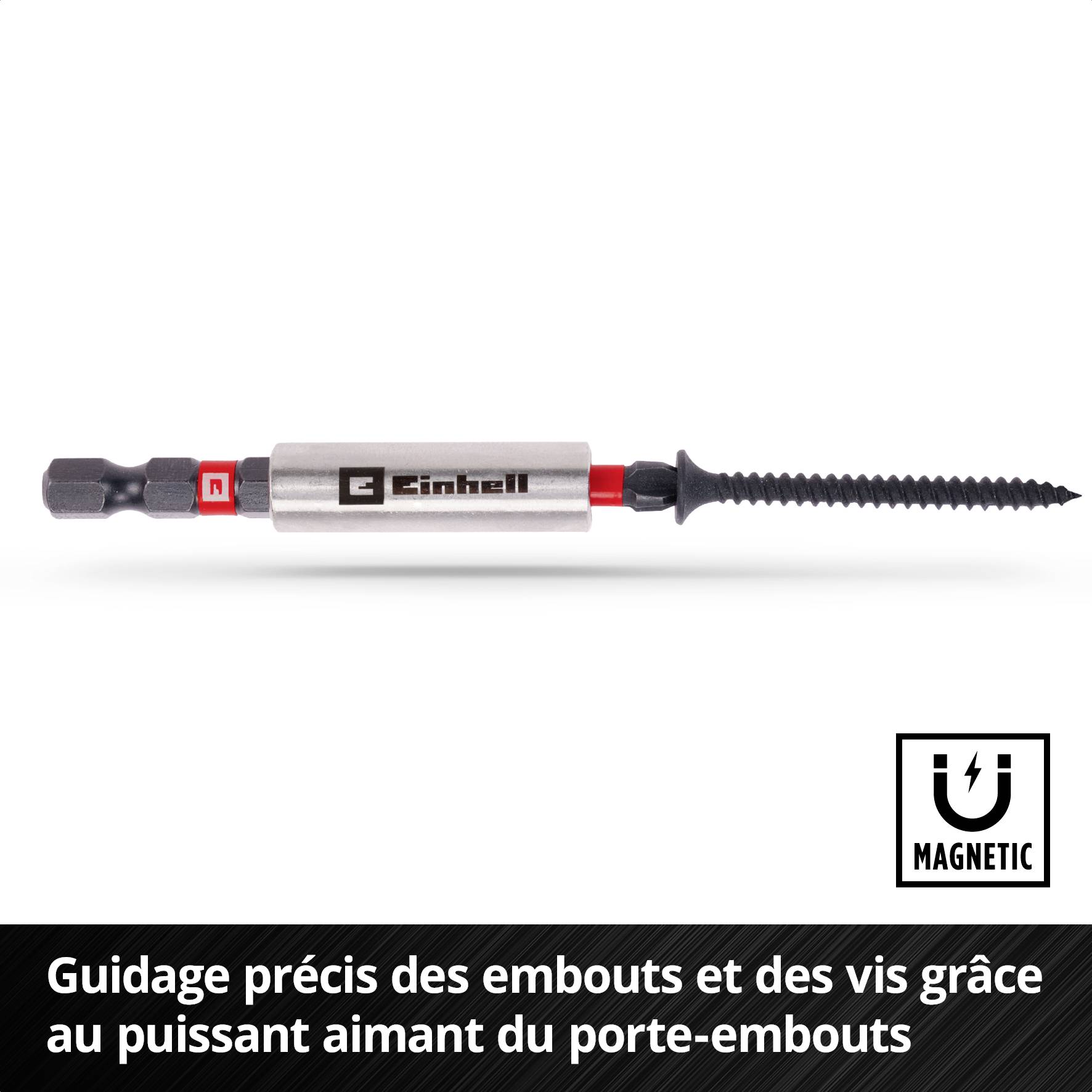 Un support de foret en argent aux propriétés magnétiques, relié à une longue vis noire. Texte : Guidage précis.