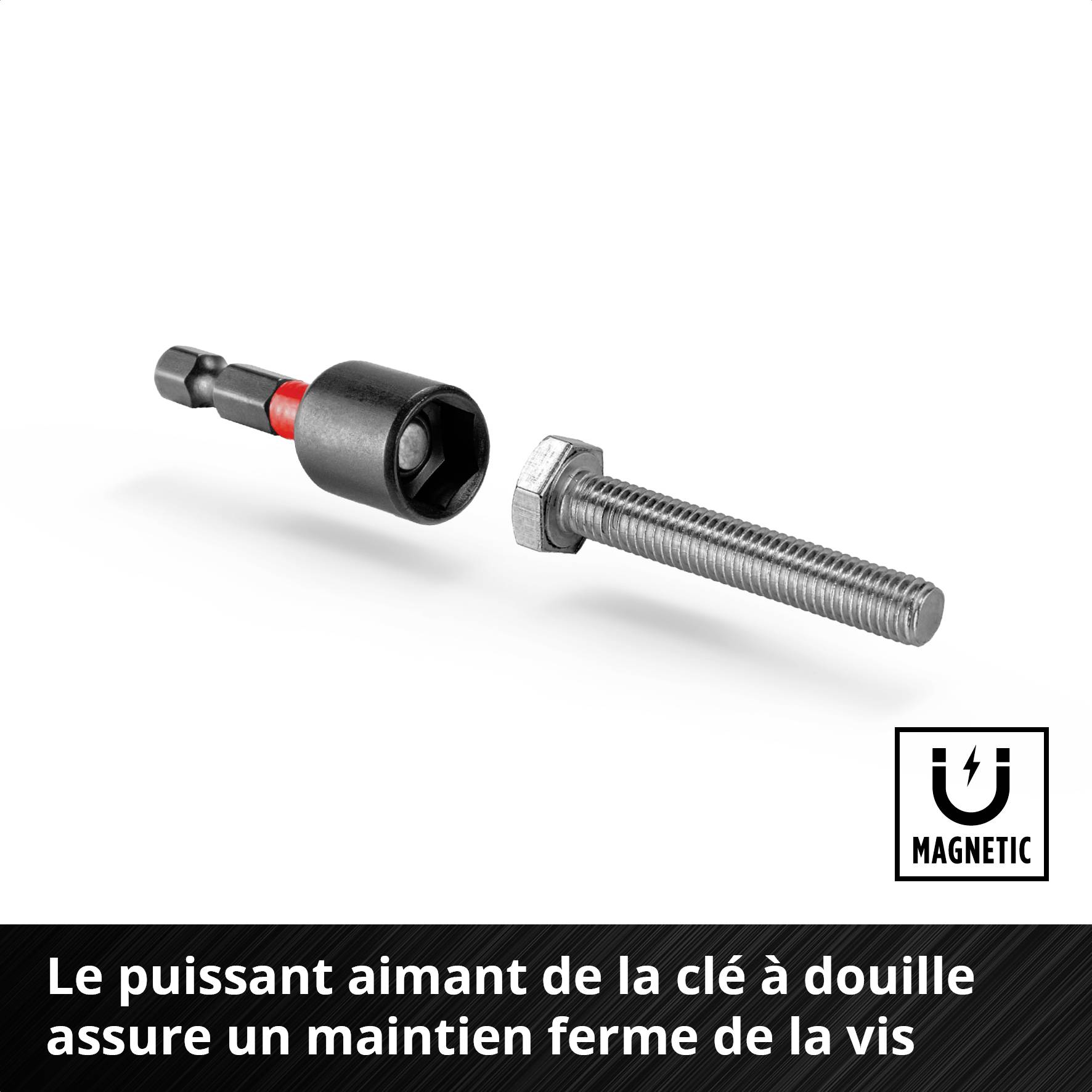 Clé et vis magnétiques, assurant une fixation sécurisée. Texte : Un fort aimant de la clé permet un maintien solide.