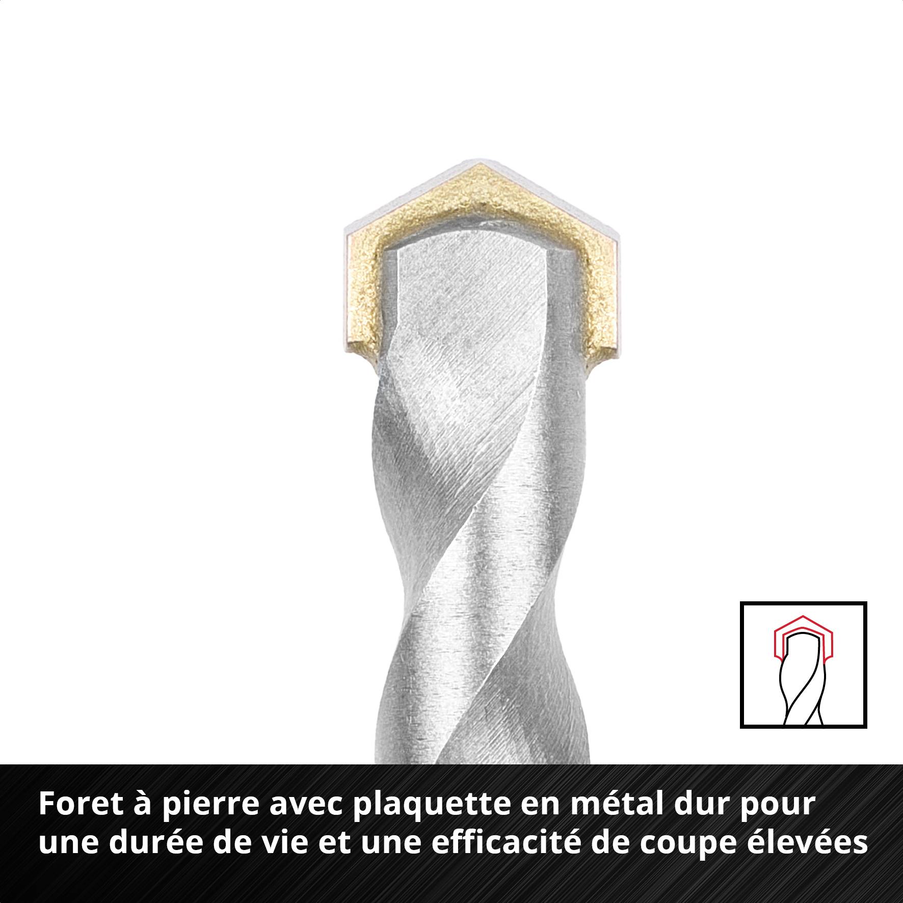 Foret universel avec plaque en carbure métallique affûtée pour divers travaux de perçage, montrant en gros plan la pointe et la construction.