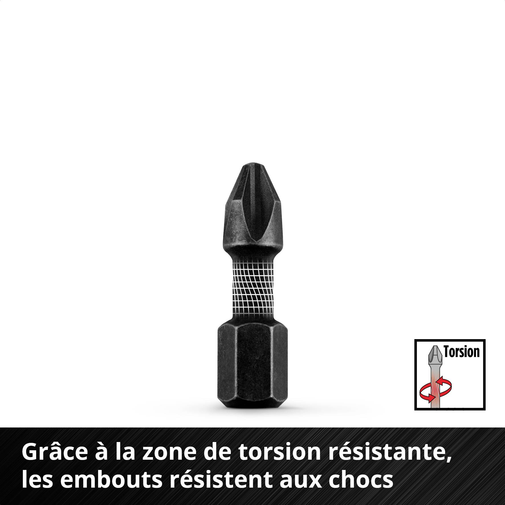Un embout de tournevis noir avec une zone de torsion résistante et antichoc, sur un fond blanc.