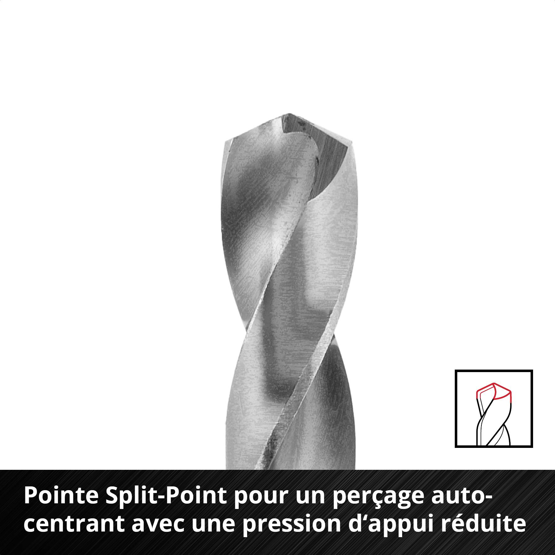 Foret à pointe divisée permettant un auto-centrage, réduisant la pression d'appui.