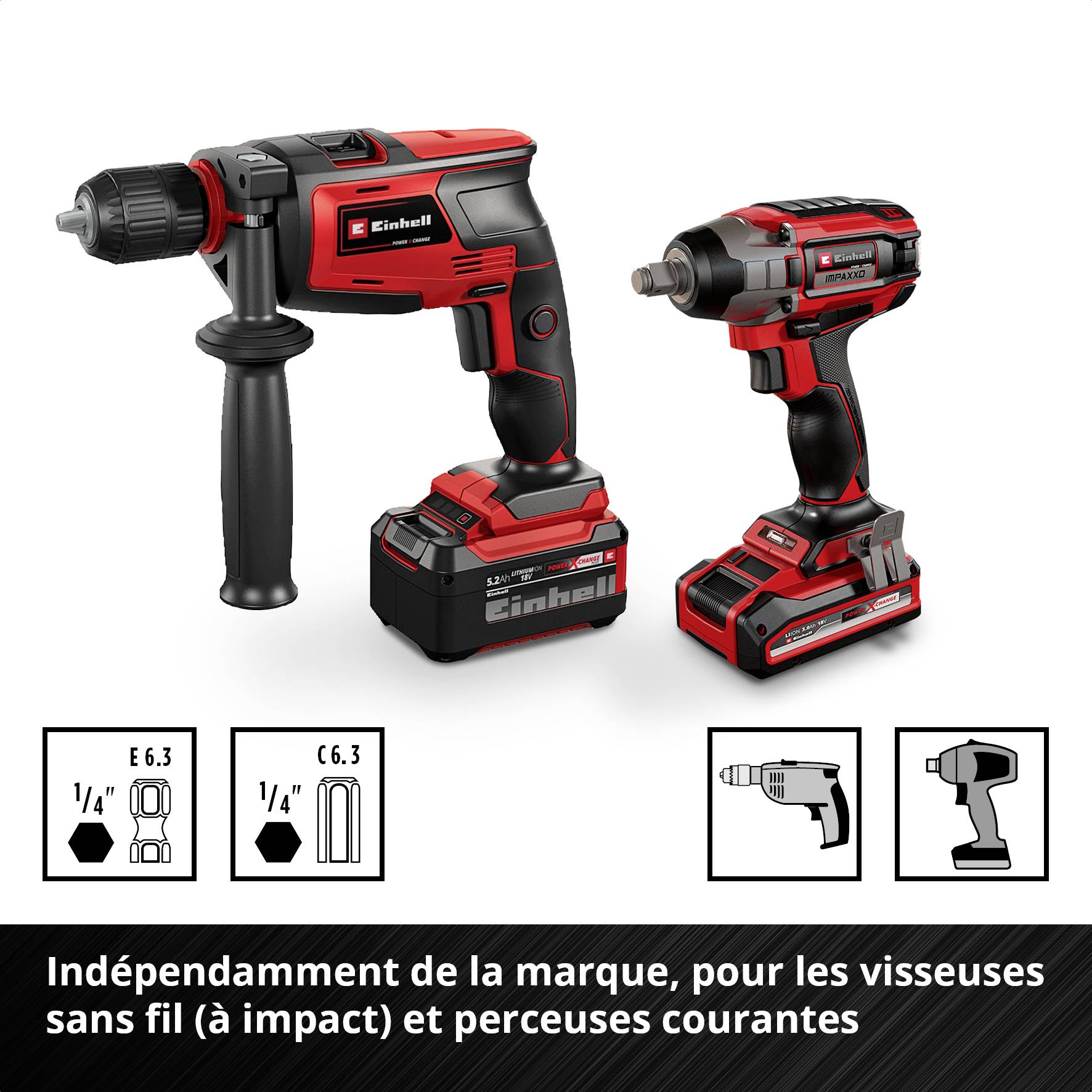 Deux outils électriques rouges avec des poignées et des batteries noires. Texte : 'Indépendant des marques – Pour les visseuses à choc et perceuses courantes'.