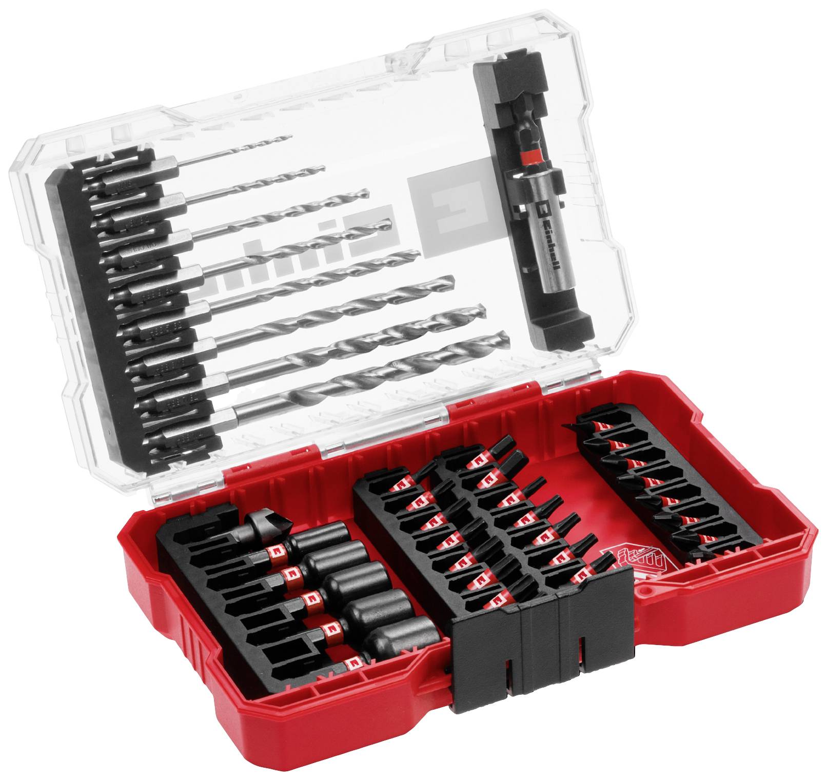 Boîte à outils rouge contenant différents forets hélicoïdaux et embouts de tournevis, disposés de manière organisée, avec un couvercle transparent rabattable.