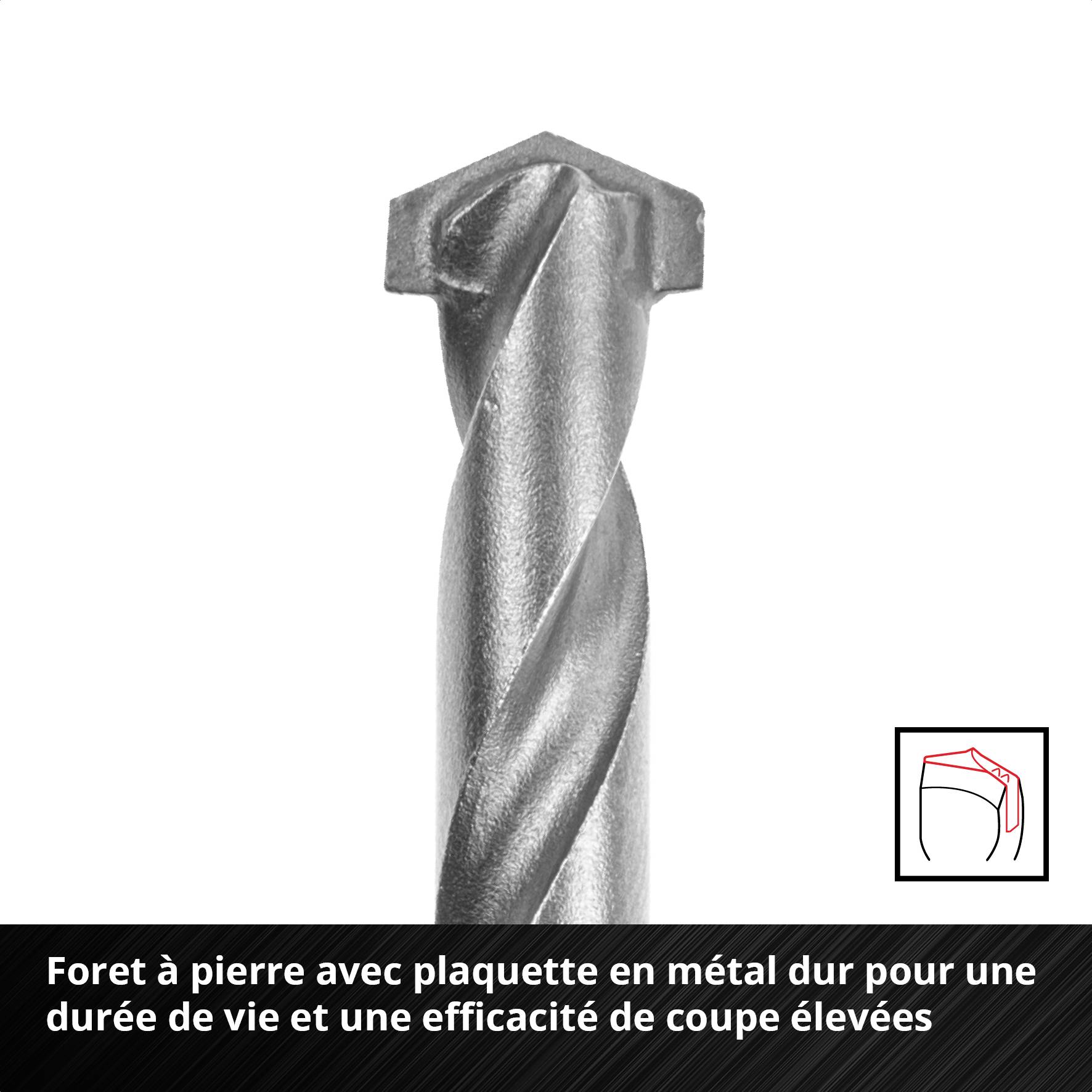 Foret en carbure avec plaque en métal dur pour une durée de vie et des performances de coupe élevées montrant un design de foret hélicoïdal pour béton.