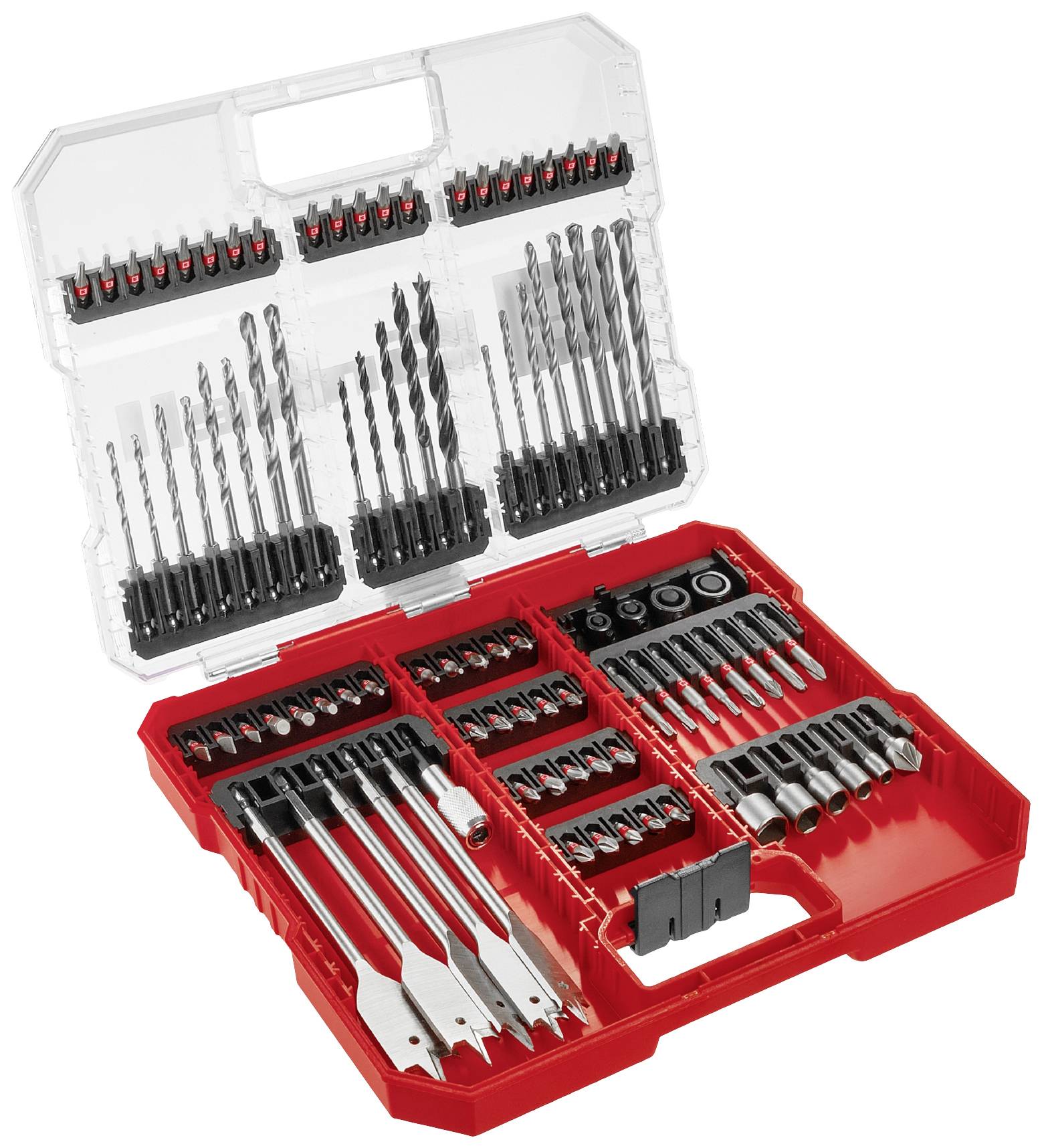 Boîte à outils ouverte avec différentes mèches et embouts dans des compartiments séparés. Idéal pour divers travaux de bricolage.