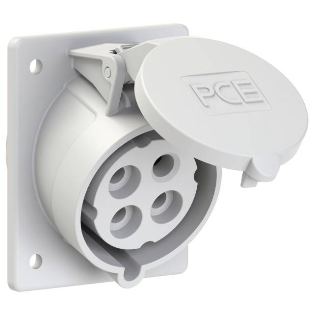 Une prise industrielle blanche avec interrupteur coudé et couvercle de protection, portant les lettres 'PCE'.