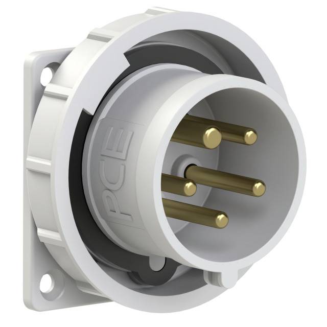 Prise industrielle à trois broches métalliques, de forme cylindrique et avec un boîtier en plastique gris, conçue pour des connexions électriques robustes.