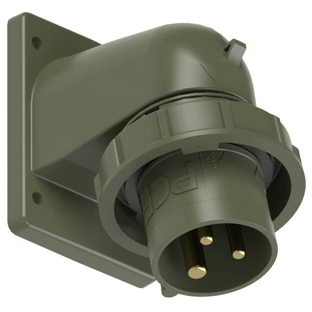Connecteur industriel tripolaire en vert olive foncé, présenté en vue oblique de face. Utilisé pour des applications électriques robustes.