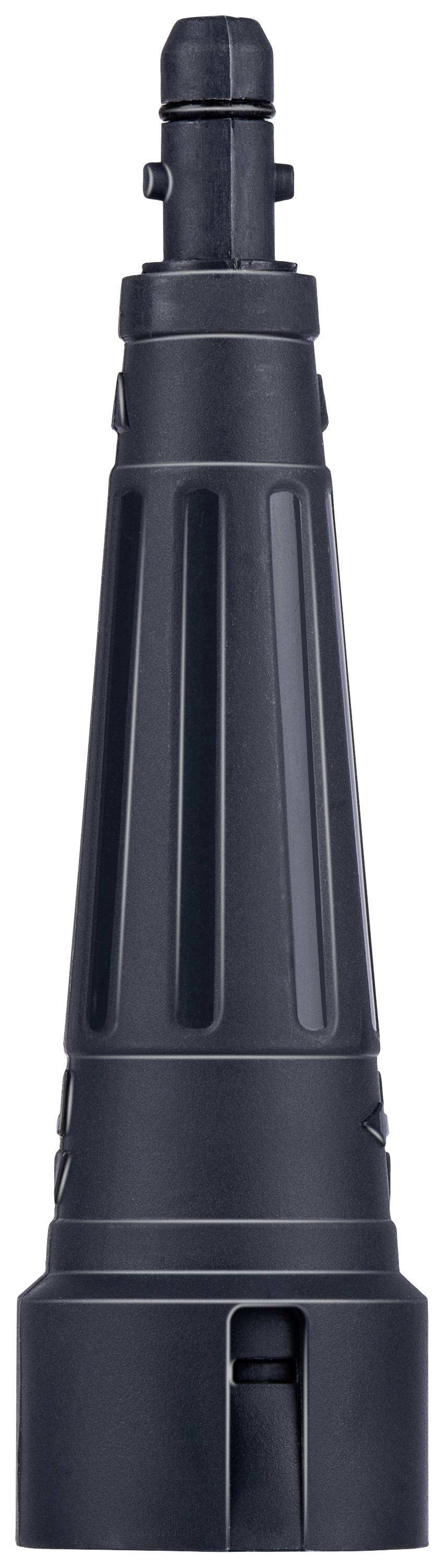 Une pièce en plastique noir de forme cylindrique avec une surface striée et un bout arrondi, probablement un accessoire.