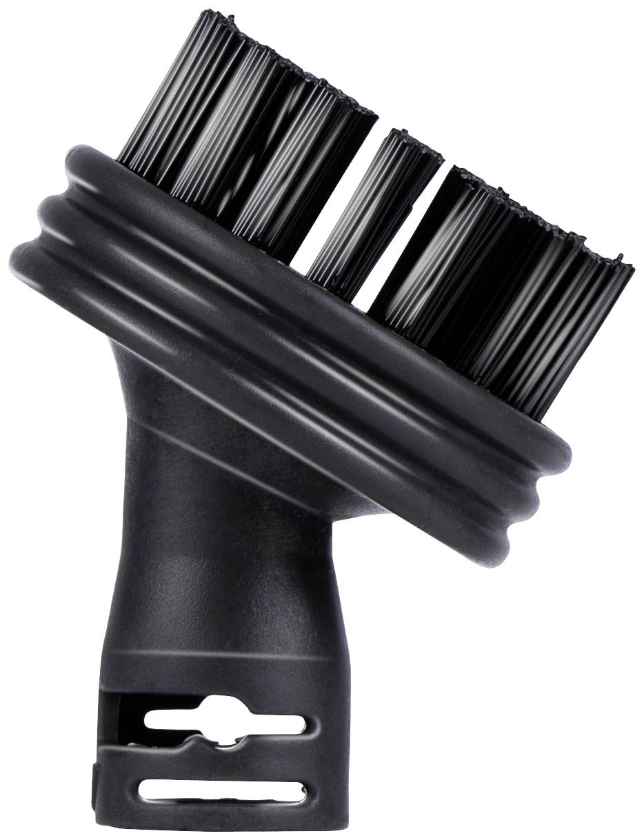 Embout de brosse noir pour aspirateur, de forme cylindrique avec des poils, adapté au nettoyage des surfaces rembourrées ou des coins étroits.
