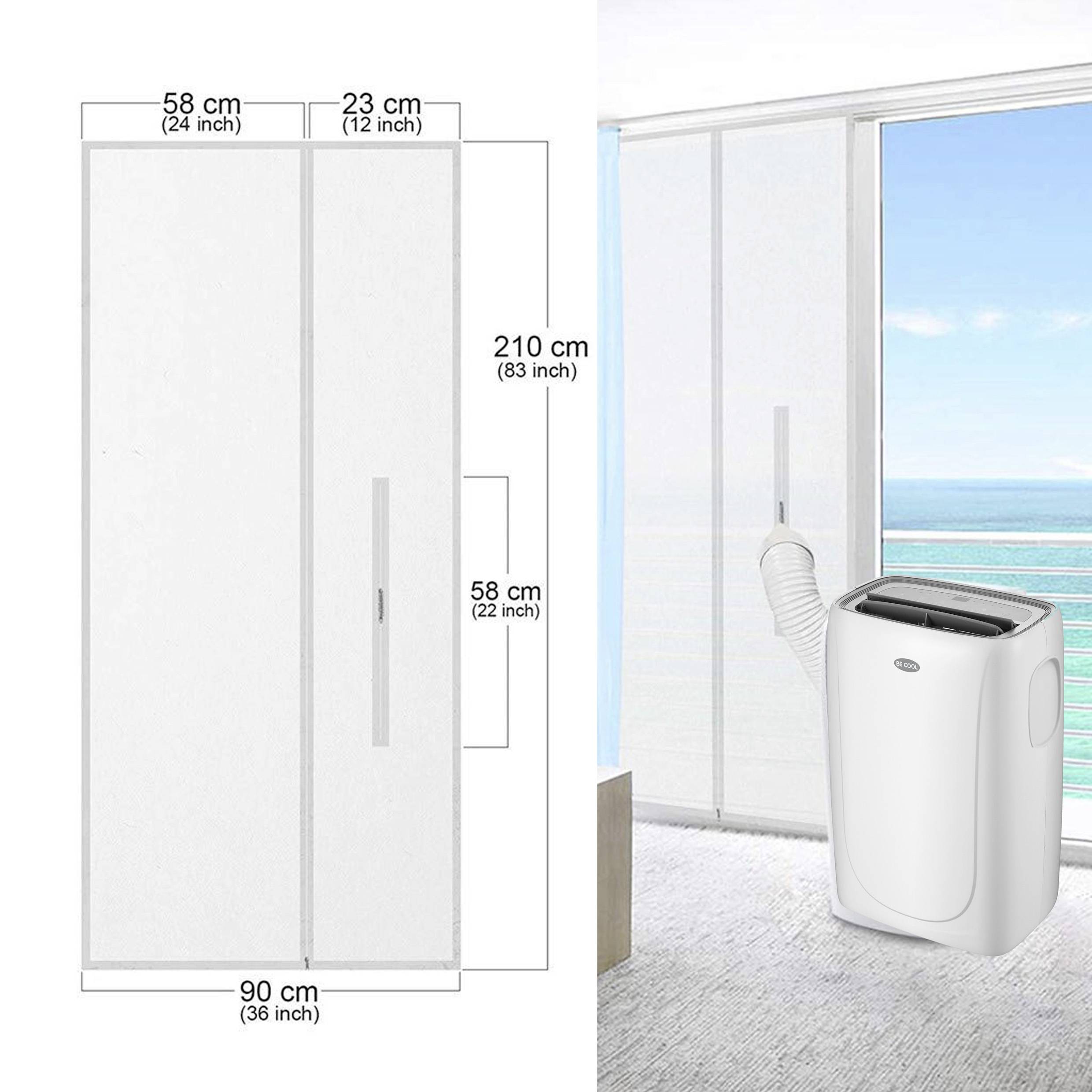 Une pièce avec un climatiseur mobile situé à gauche au premier plan. À droite, une grande fenêtre donnant sur la mer. Les dimensions d'un appareil sont indiquées.