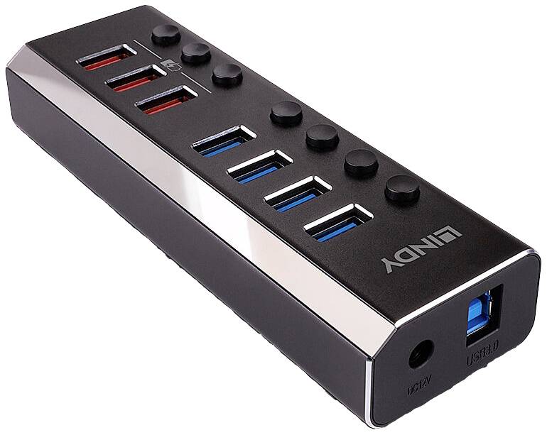 Hub USB rectangulaire avec plusieurs ports USB et interrupteurs. Logo de la marque sur le dessus. Adapté pour connecter plusieurs appareils.