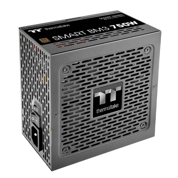 Un bloc d'alimentation Thermaltake noir avec l'inscription 'SMART BM3 750W'. Le ventilateur et la prise secteur sont visibles sur la face avant.