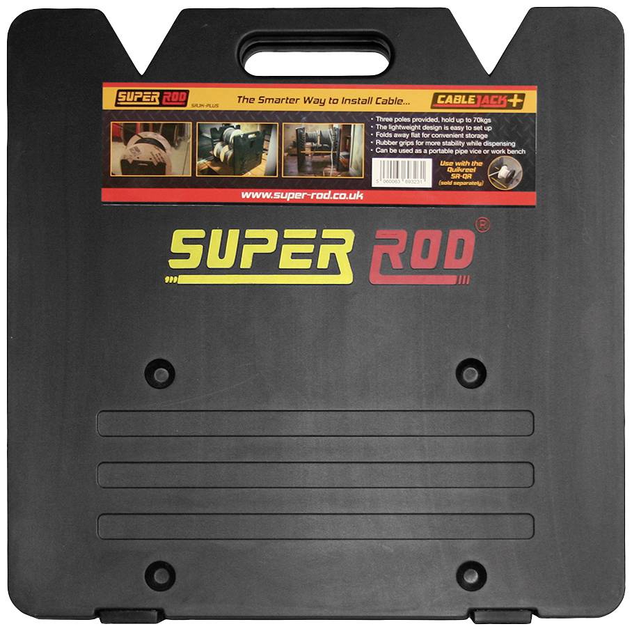 Valise noire avec poignée et logo 'SUPER ROD'. Un autocollant en haut présente des images et du texte relatifs à l'installation de câbles.