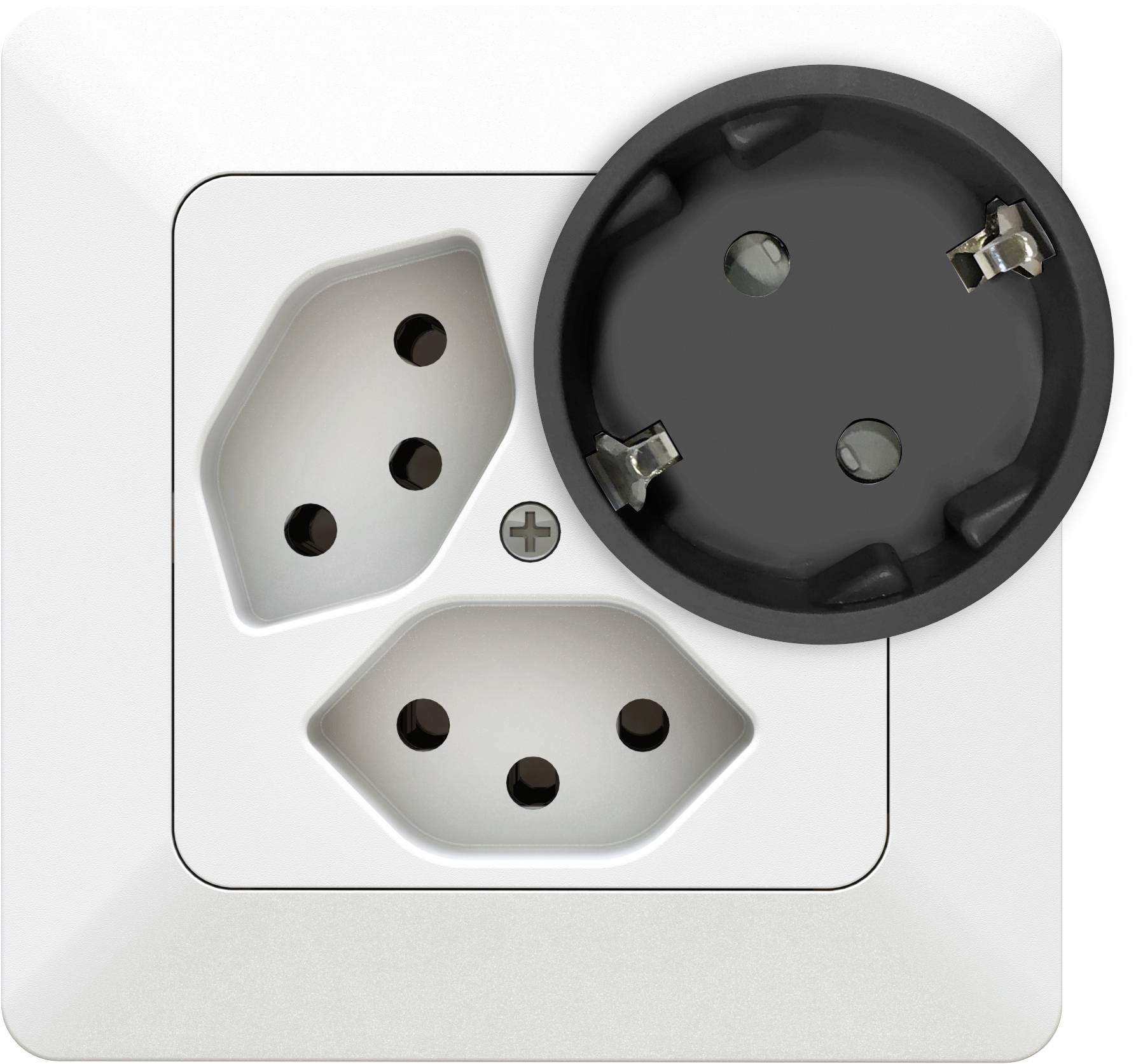 Une double prise électrique avec un adaptateur rond sur le côté droit. L'adaptateur présente deux points de connexion, correspondant à la prise.