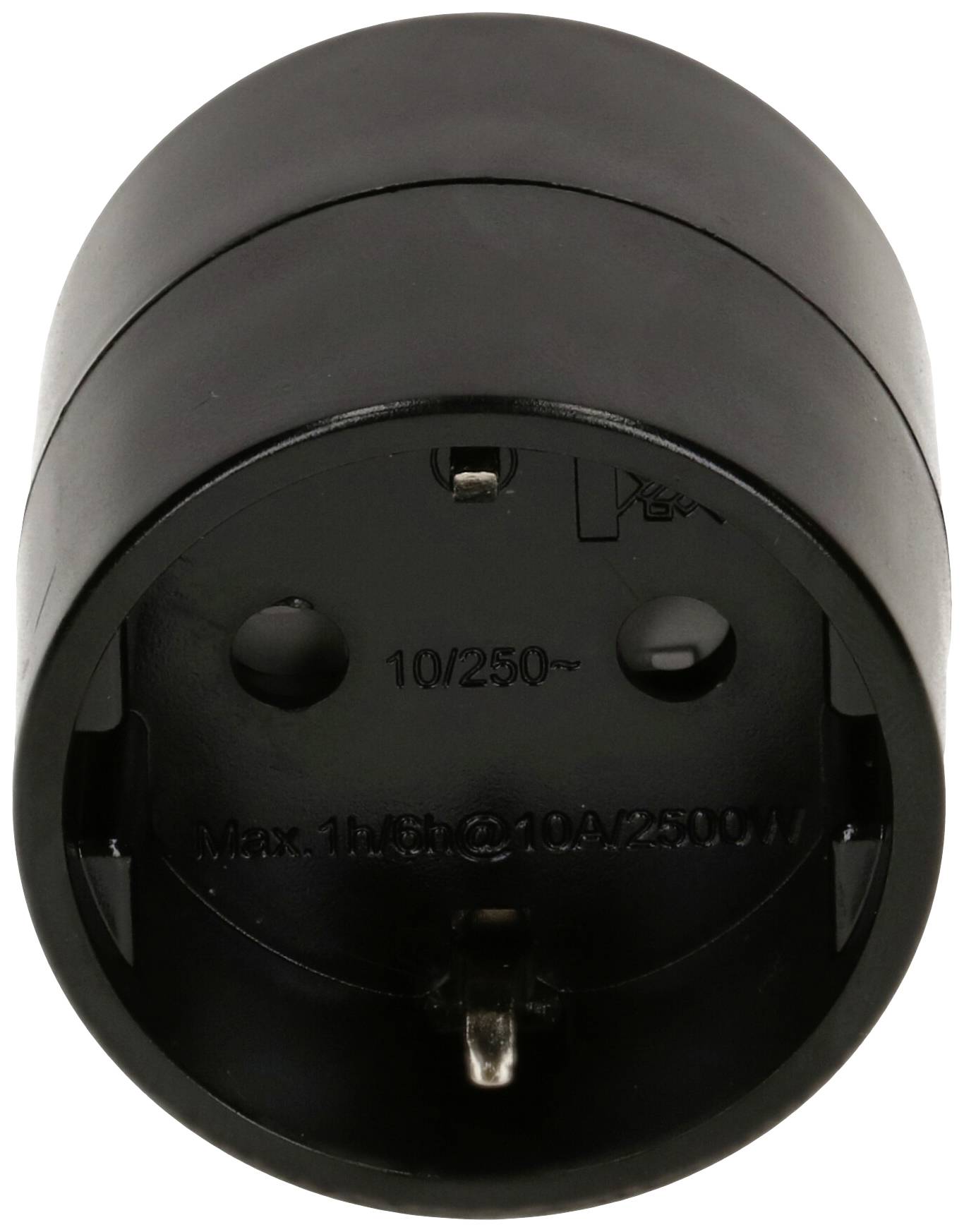 Adaptateur de voyage noir avec deux trous de prise et broche de terre, adapté aux tensions jusqu'à 250V et aux courants jusqu'à 10A.