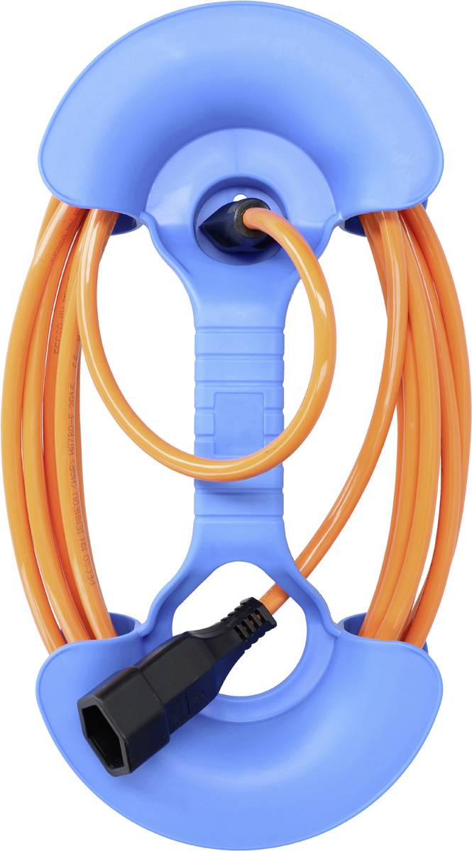 Un enrouleur de câble bleu avec un câble électrique orange, soigneusement enroulé. Il se termine par une prise noire.