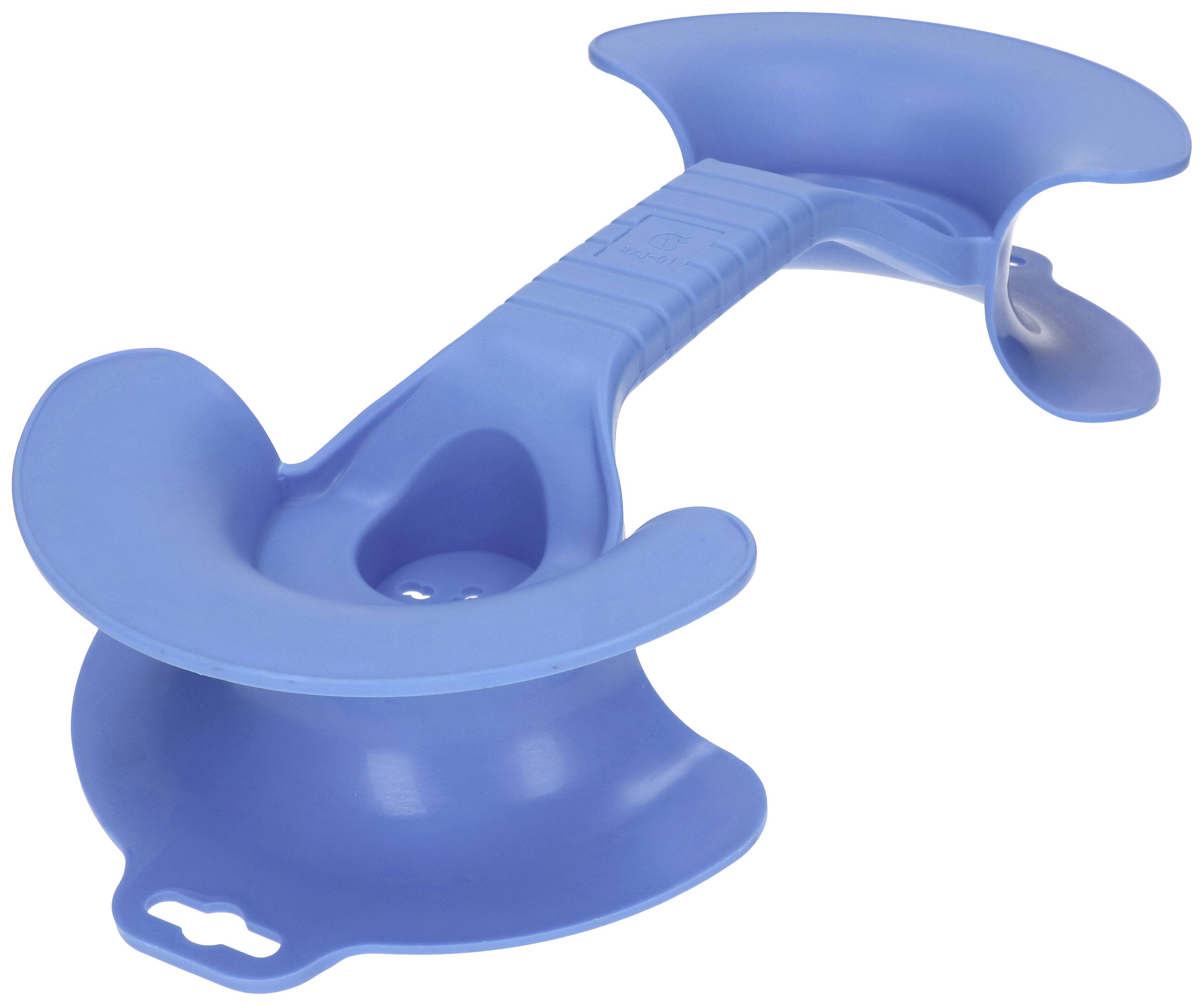 Un dispositif en plastique bleu avec une poignée ergonomique et deux extrémités en forme de coquille, probablement un outil ou un accessoire.