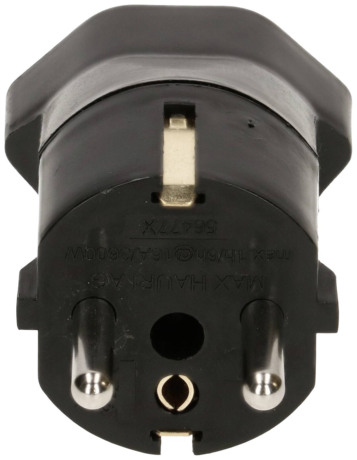 Un adaptateur de prise noir avec deux broches métalliques rondes et une broche de terre, vue de face.