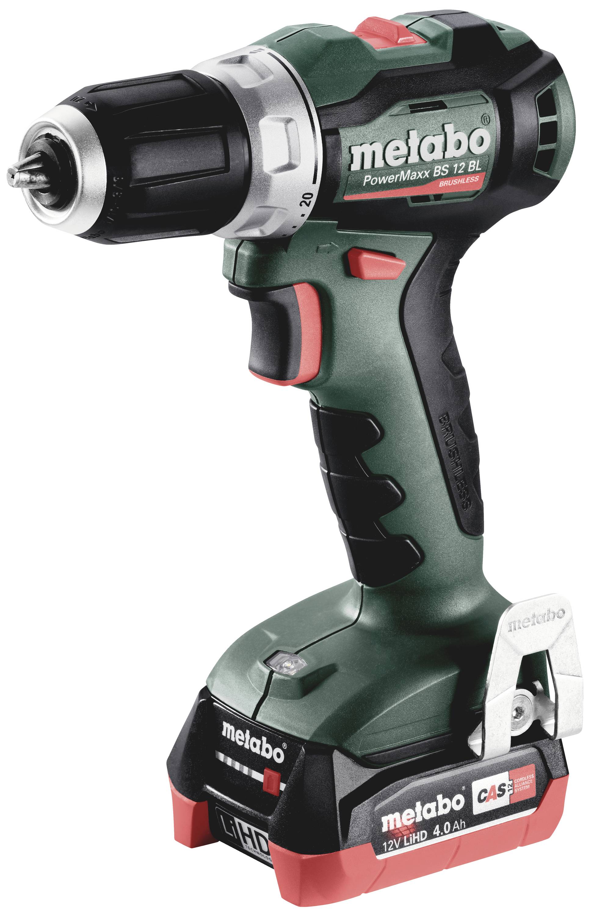 Visseuse sans fil de la marque Metabo, modèle PowerMaxx BS 12 BL, de couleur noir et vert avec un accent rouge, debout sur socle.