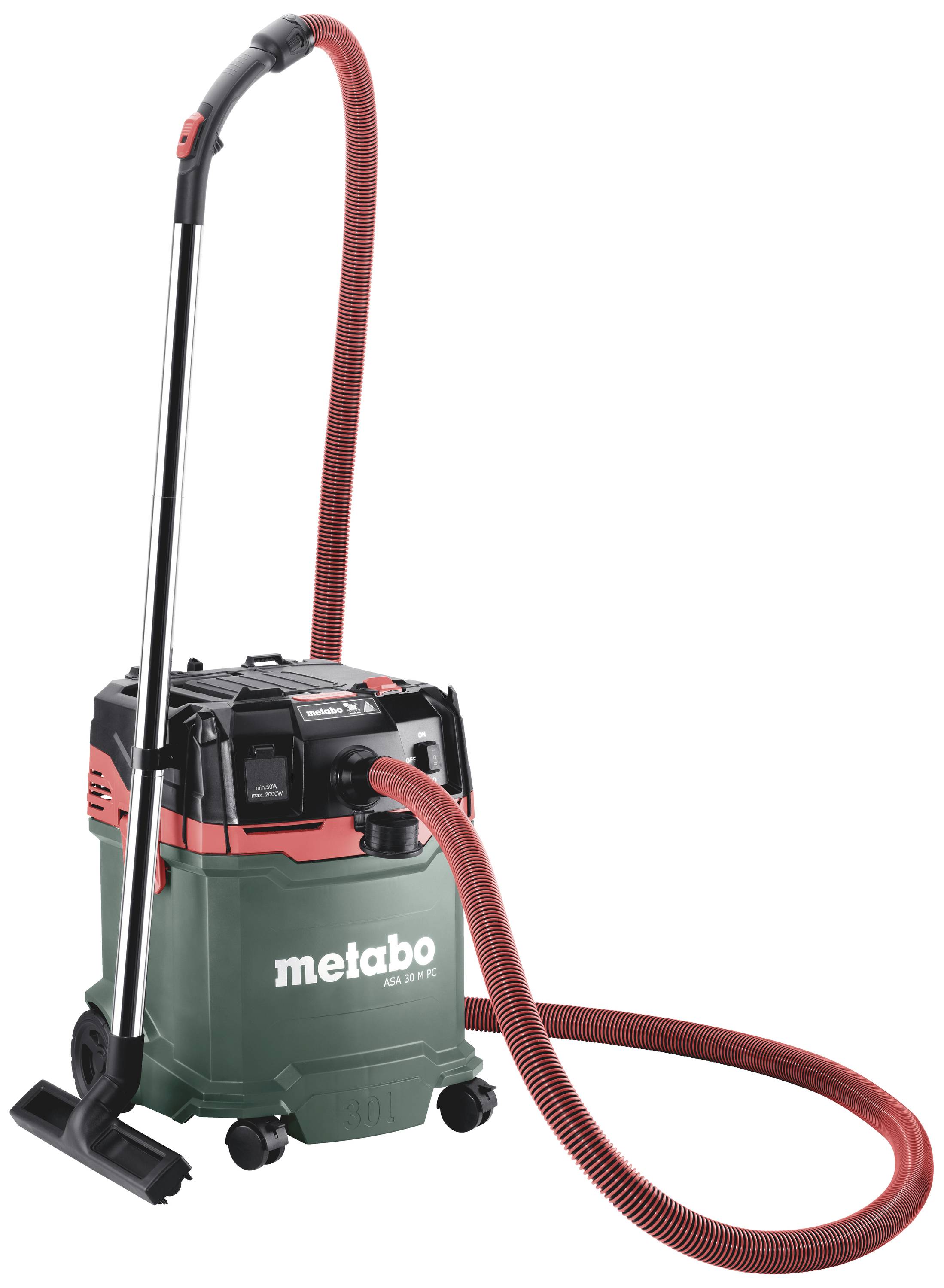 Un aspirateur vert et noir avec un tuyau rouge et le logo Metabo. Représenté sur un fond clair.