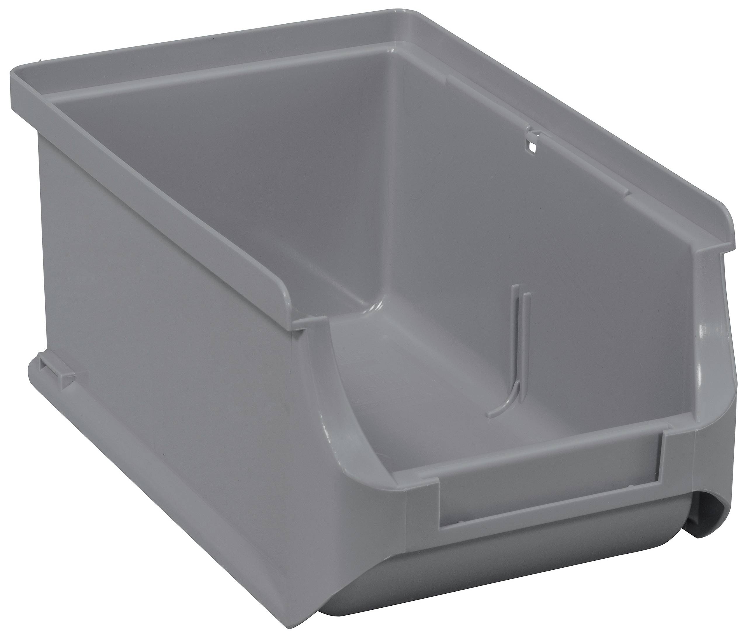 Boîte de rangement grise en plastique avec façade ouverte, adaptée au stockage d'objets.