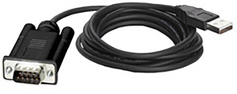 Adaptateur USB vers série avec câble noir et connecteurs. Utilisé pour connecter des appareils plus anciens à un port USB.