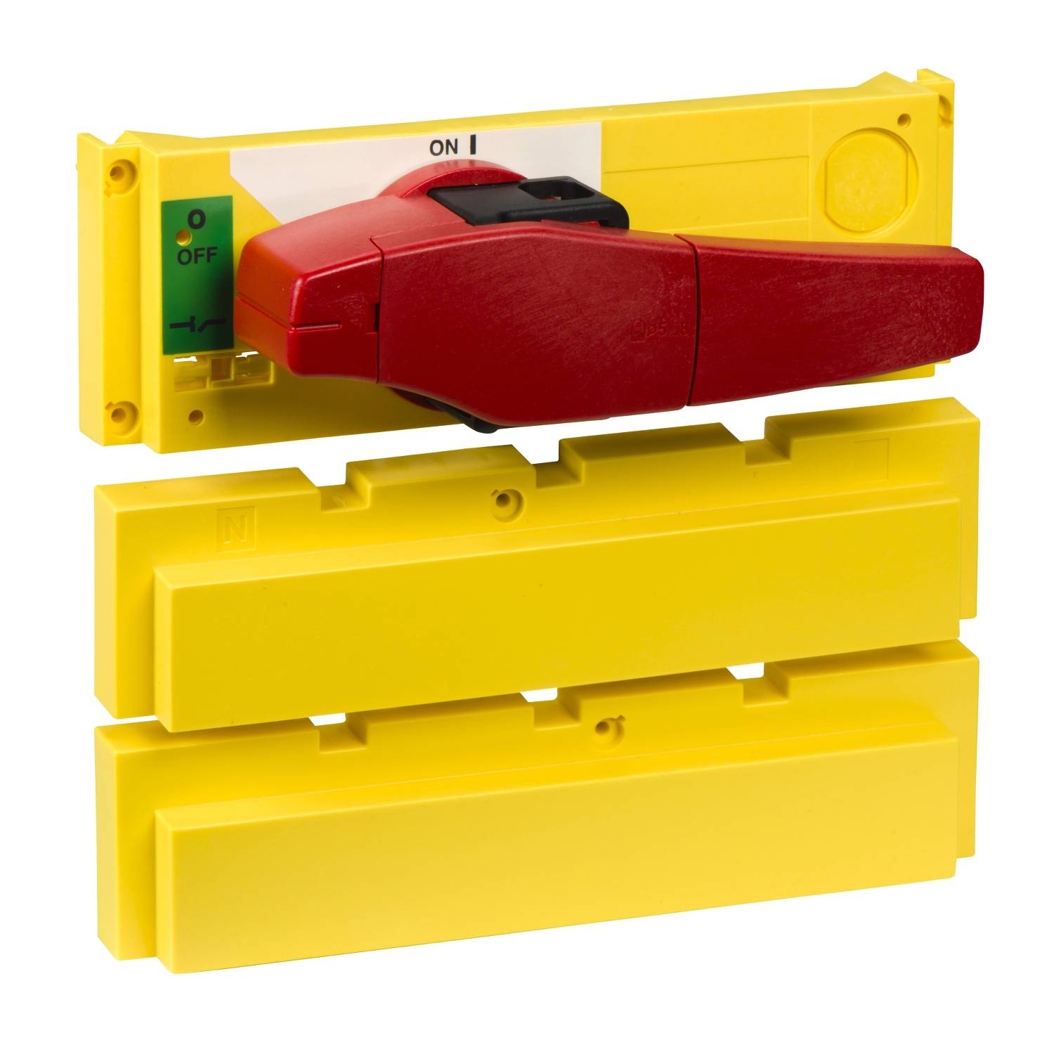 Interrupteur de sécurité jaune avec levier rouge. L'interrupteur indique 'ON'. Arrière-plan neutre, design selon les normes industrielles.