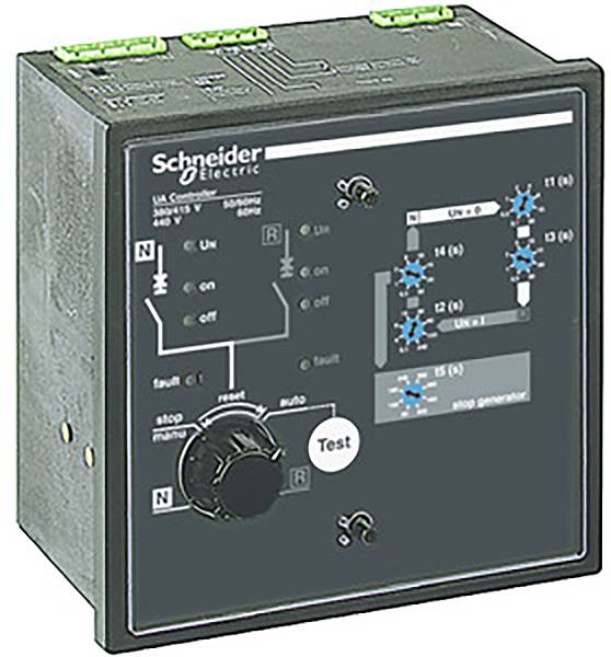Dispositif électronique de Schneider Electric avec bouton rotatif et interrupteurs pour les fonctions de contrôle et de test, incluant des voyants LED.