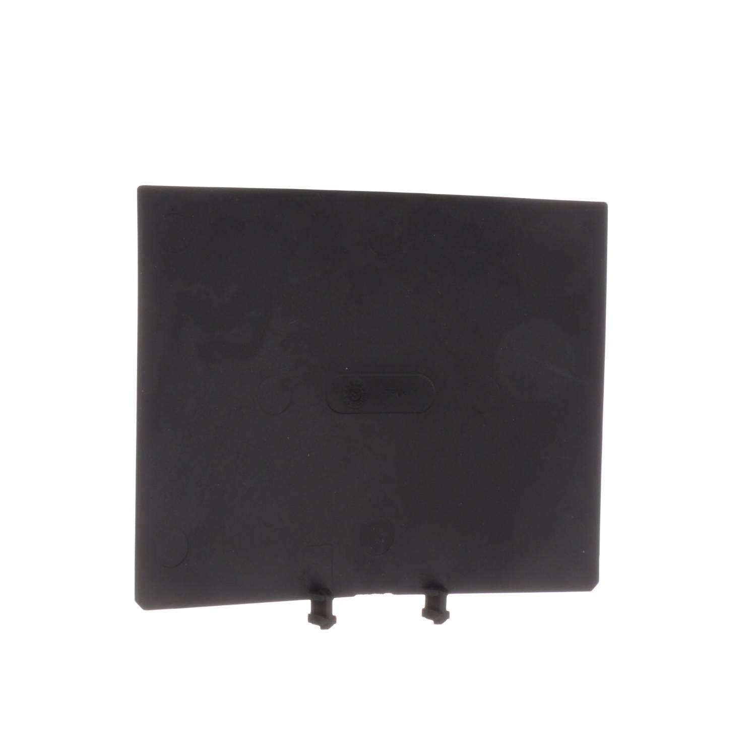 Pièce en plastique noir de forme rectangulaire avec deux prolongements courts et recourbés en bas.