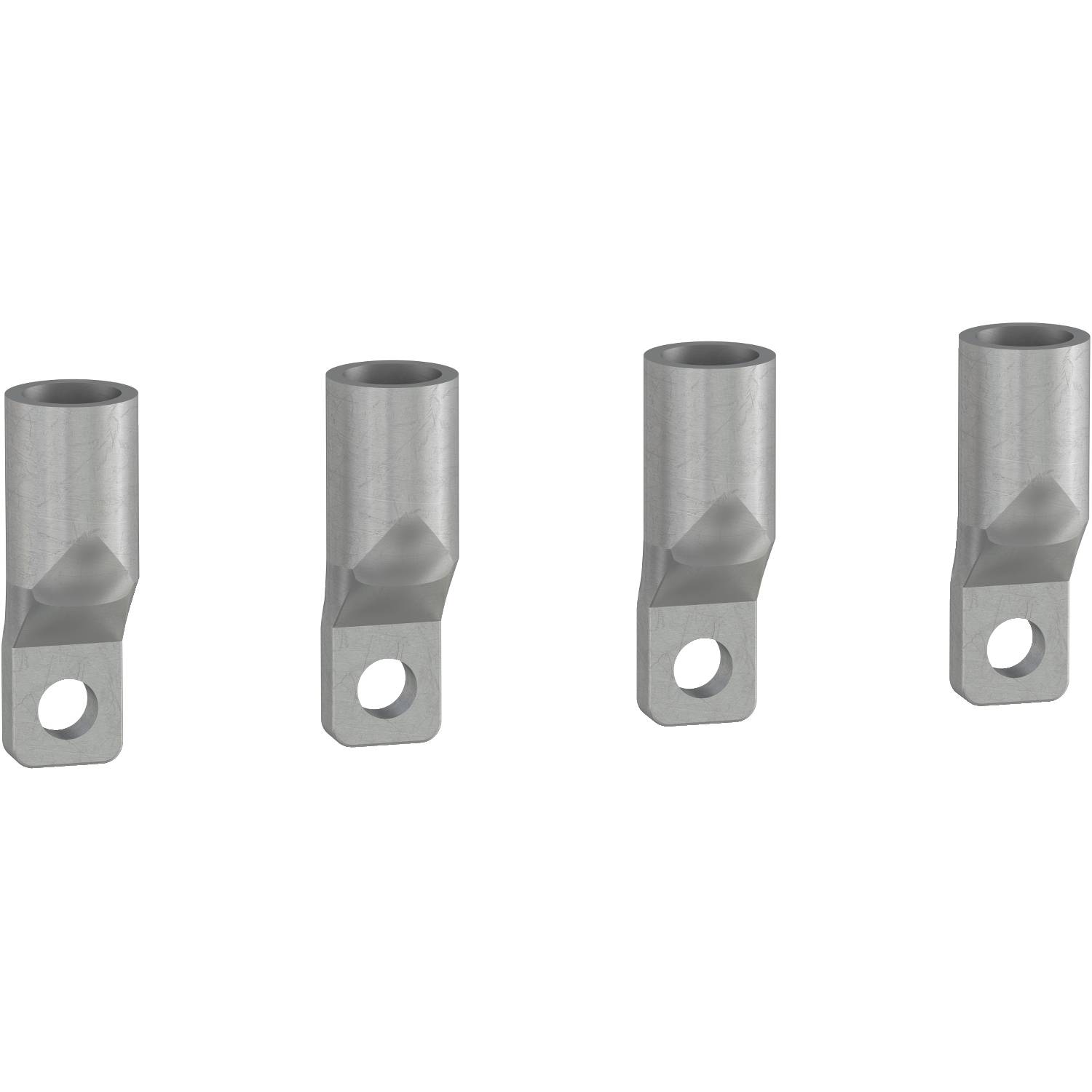 Quatre cosses de câble argentées alignées, chacune pourvue d'un trou de fixation à son extrémité. Elles sont en métal et servent à établir une connexion électrique.