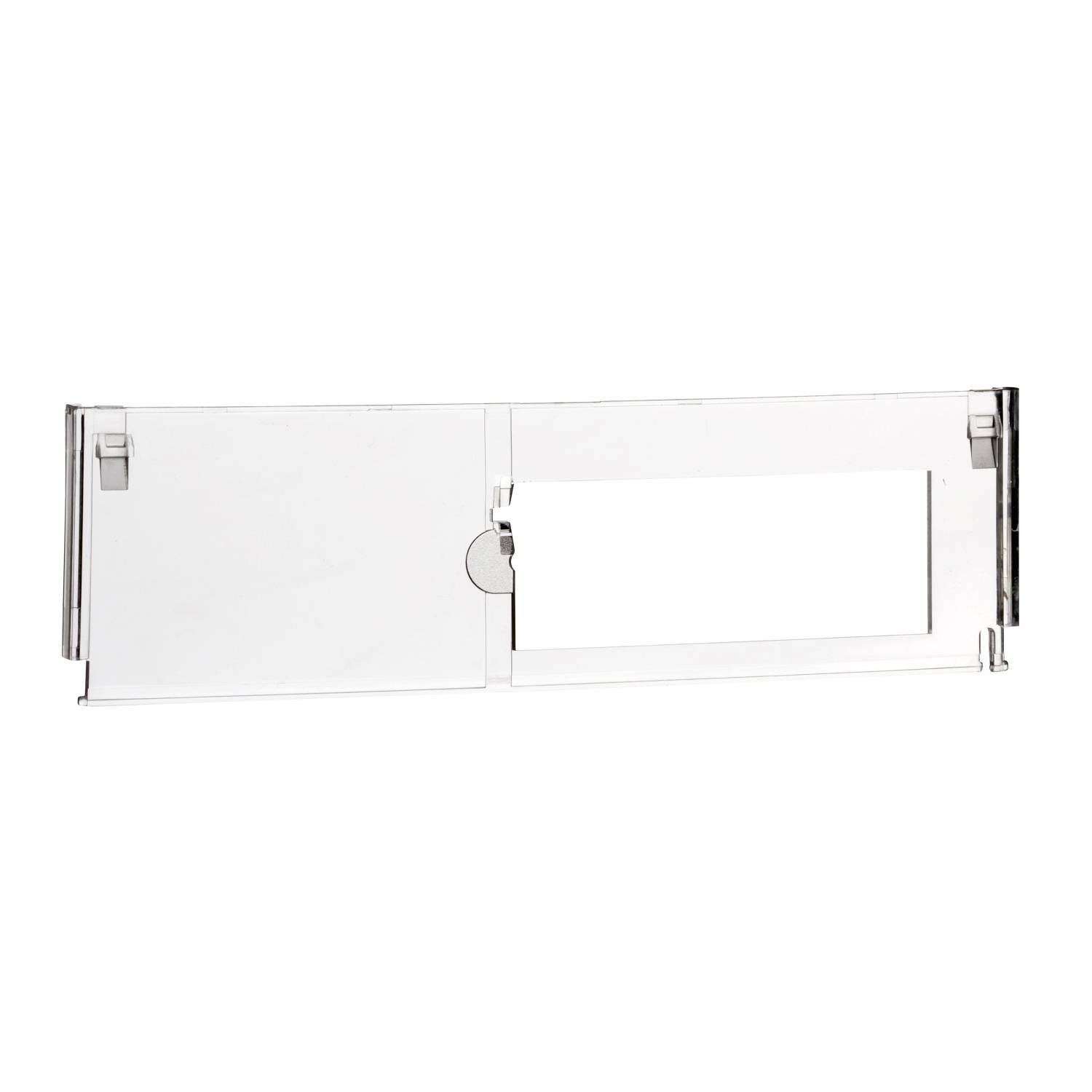 Couvercle en plastique transparent avec ouverture rectangulaire et fermeture à charnière.