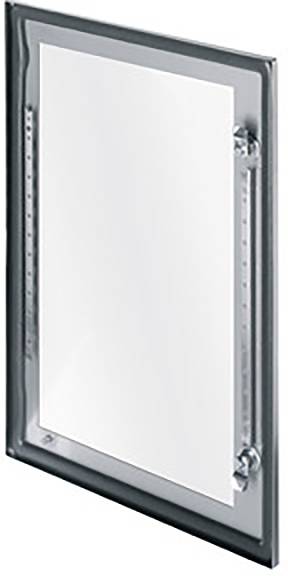 Cadre en aluminium vide pour montage mural, rectangulaire, légèrement incliné vers la gauche, adapté aux affiches publicitaires dans les environnements professionnels.