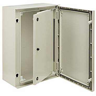 Une armoire électrique grise ouverte avec des charnières et des points de montage visibles.