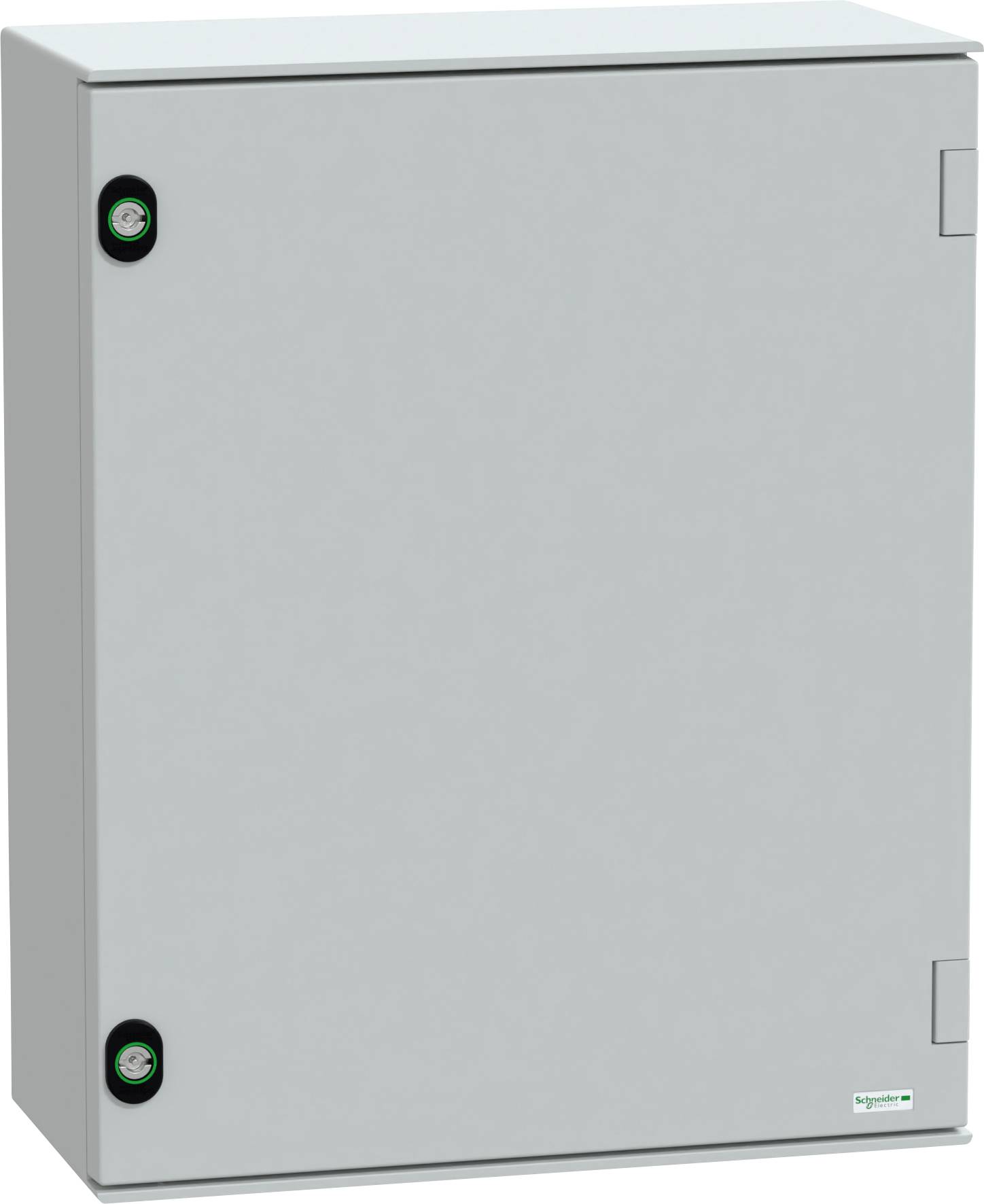 Un boîtier électrique en métal gris avec une porte à charnières, équipé de mécanismes de verrouillage circulaires et un petit logo dans le coin inférieur droit.